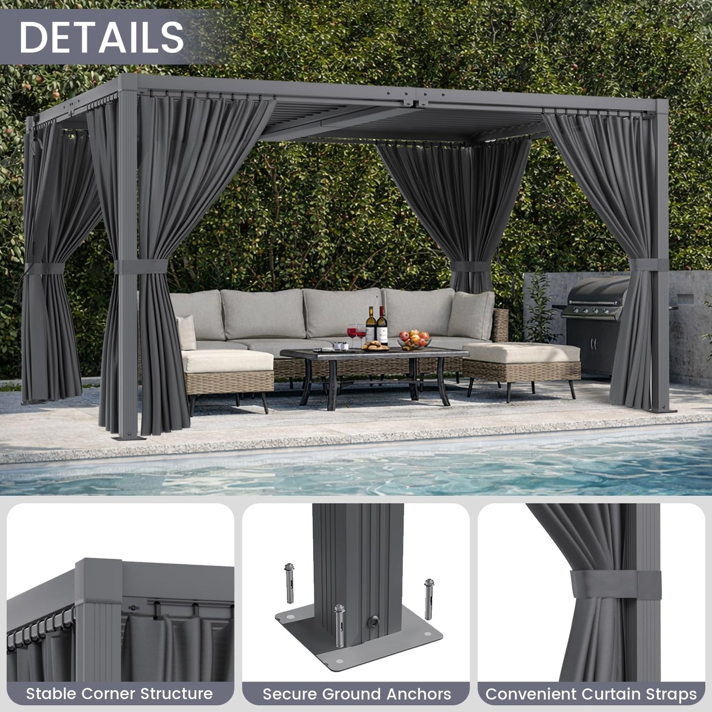 SAILARY Louvered Pergola 12' x 20', Large Outdoor Aluminum Pergola with Reinforced Steel Roof, Heavy-Duty Hardtop Gazebo for Patio Garden, Weatherproof Sun Shade Shelter, Grey