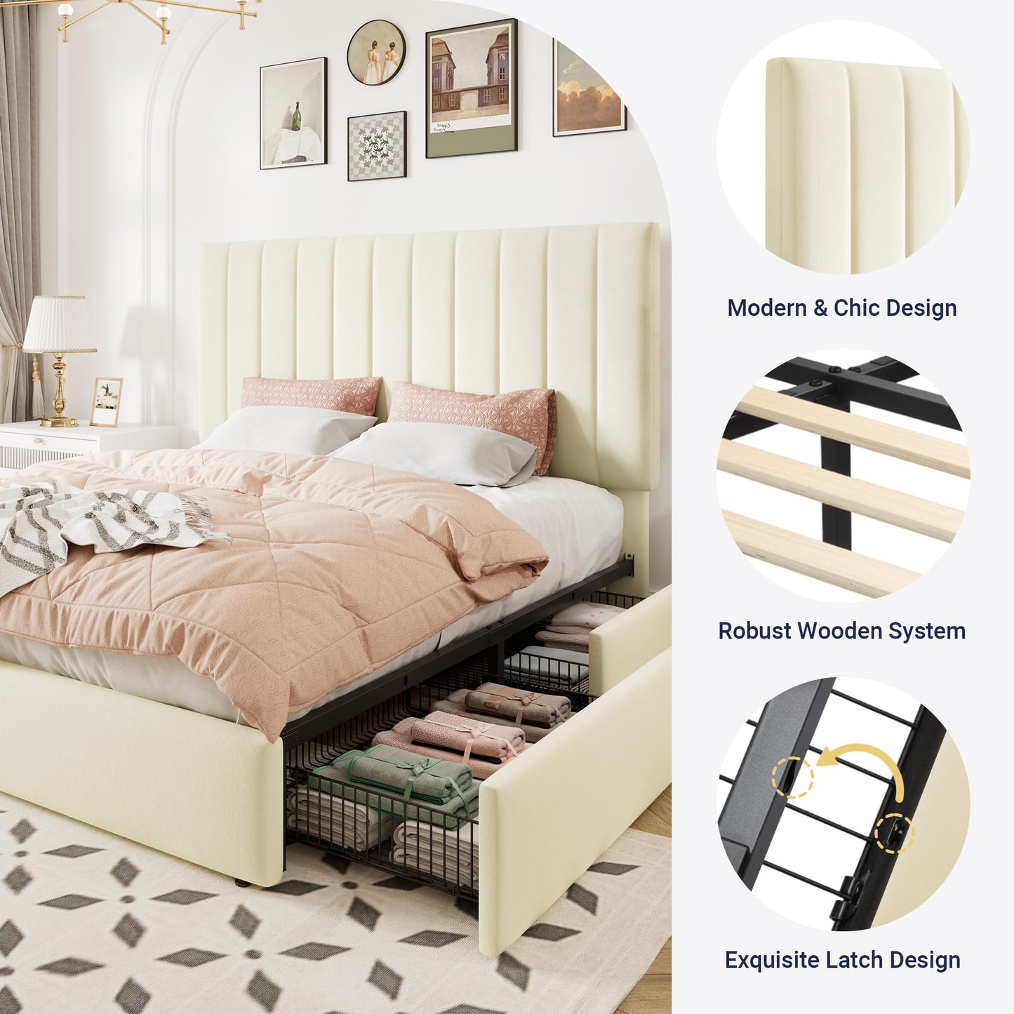 Allewie Queen Size Storage Bed Frame, Vertical Channel Tufted Adjustable Headboard, Velvet Upholstered Platform Bed with 4 Oversized Underbed Drawers, Wooden Slats Support, No Box Spring Needed, Cream