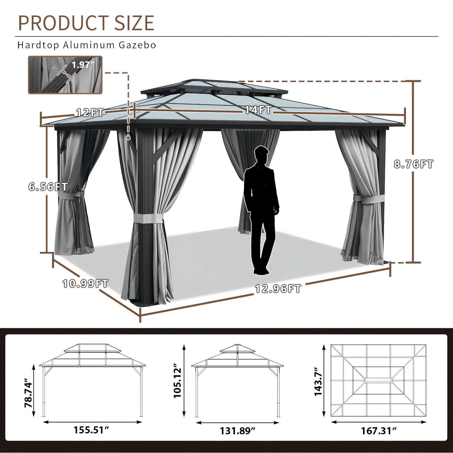 Breezestival 12’x14’ Hardtop Gazebo with Double Polycarbonate Roof Outdoor Metal Gazebo Sturdy Aluminum Frame & Removable Curtains, Netting Permanent Pavilion Pergola for Garden,Patio,Lawn (Gray)