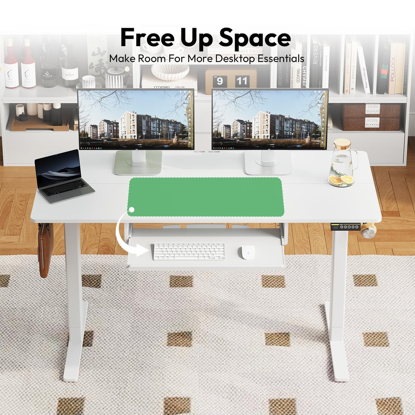 Gamork Electric Standing Desk with Keyboard Tray,55x24 inches Adjustable Height Stand Up Desk,3 Preset Heights,Equipped with Hooks,Raising Desks for Home Office and Computer Workstation,White