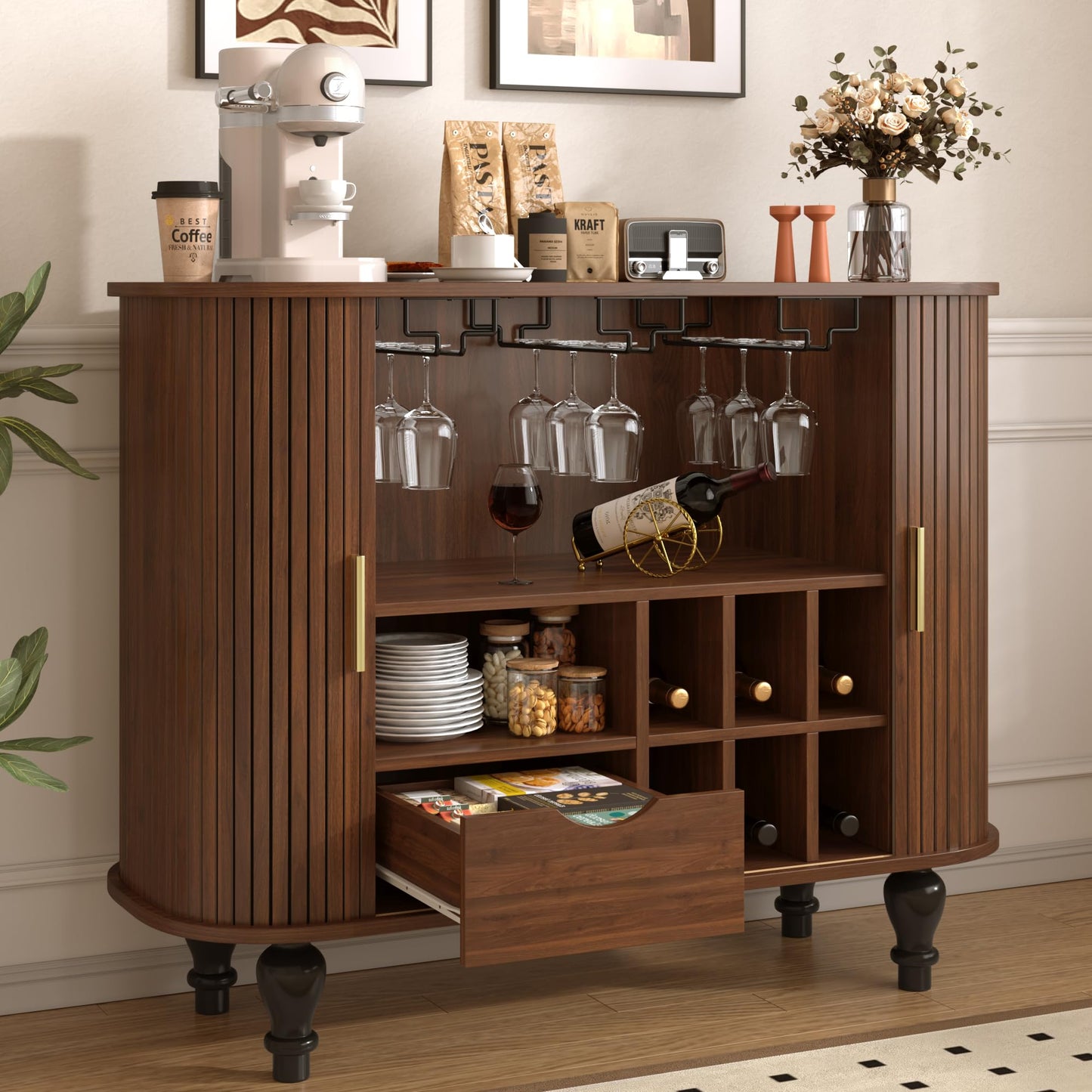 Merax Coffee & Liquor Bar Cabinet 39" with Wine Racks Glass Holders Large Drawer Hidden Side Storage Mid-Century Modern Farmhouse Sideboard, Walnut