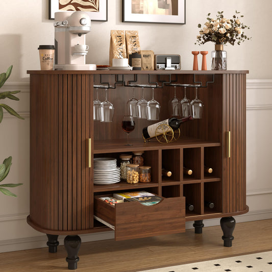 Merax Coffee & Liquor Bar Cabinet 39" with Wine Racks Glass Holders Large Drawer Hidden Side Storage Mid-Century Modern Farmhouse Sideboard, Walnut