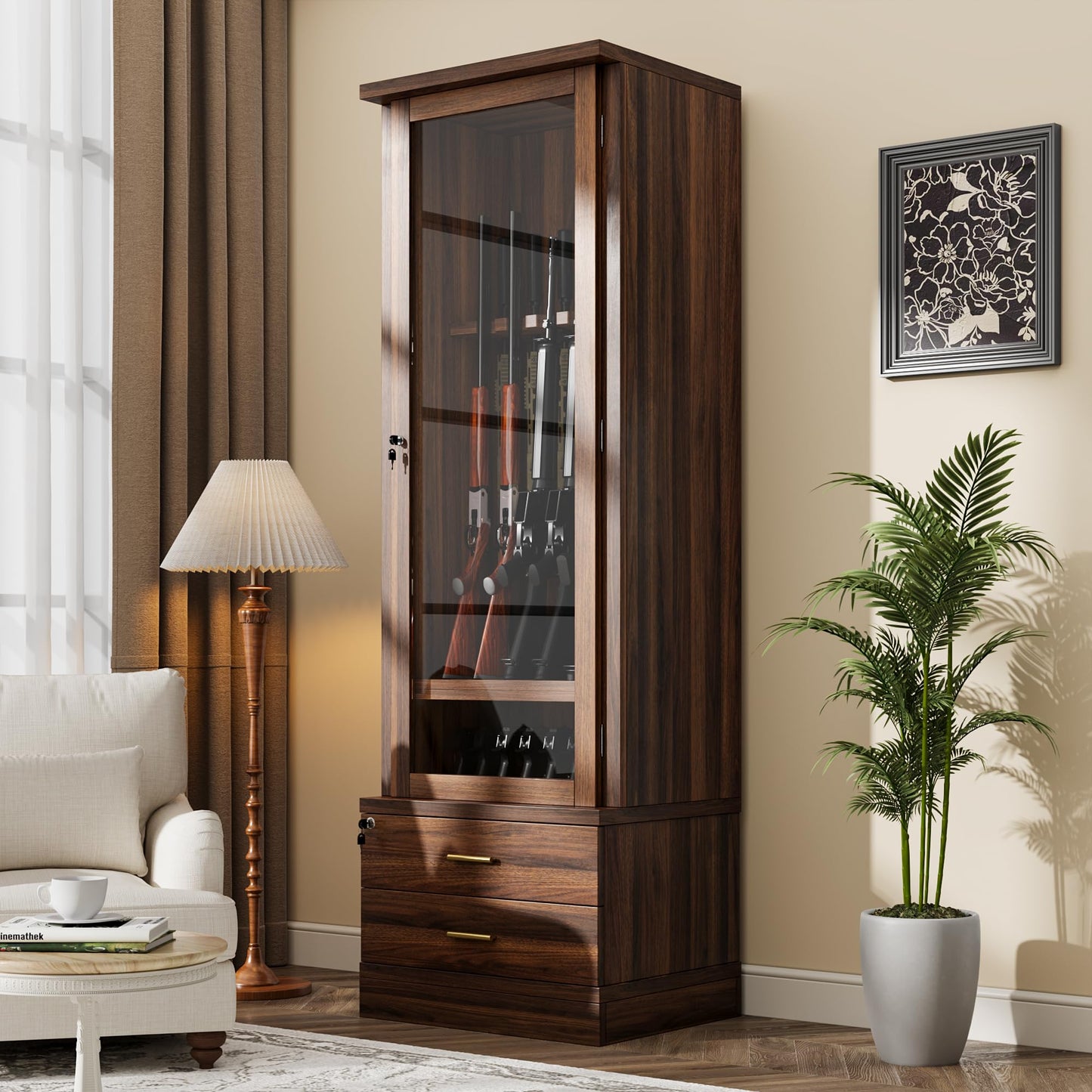 kepptory Gun Safe for 12 Long Rifles and 8 Shortgun, Gun Cabinet for Rifle with Mechanical Lock, Espresso Wood Gun Cabinet for Dinning Living Room, Easy Assembly