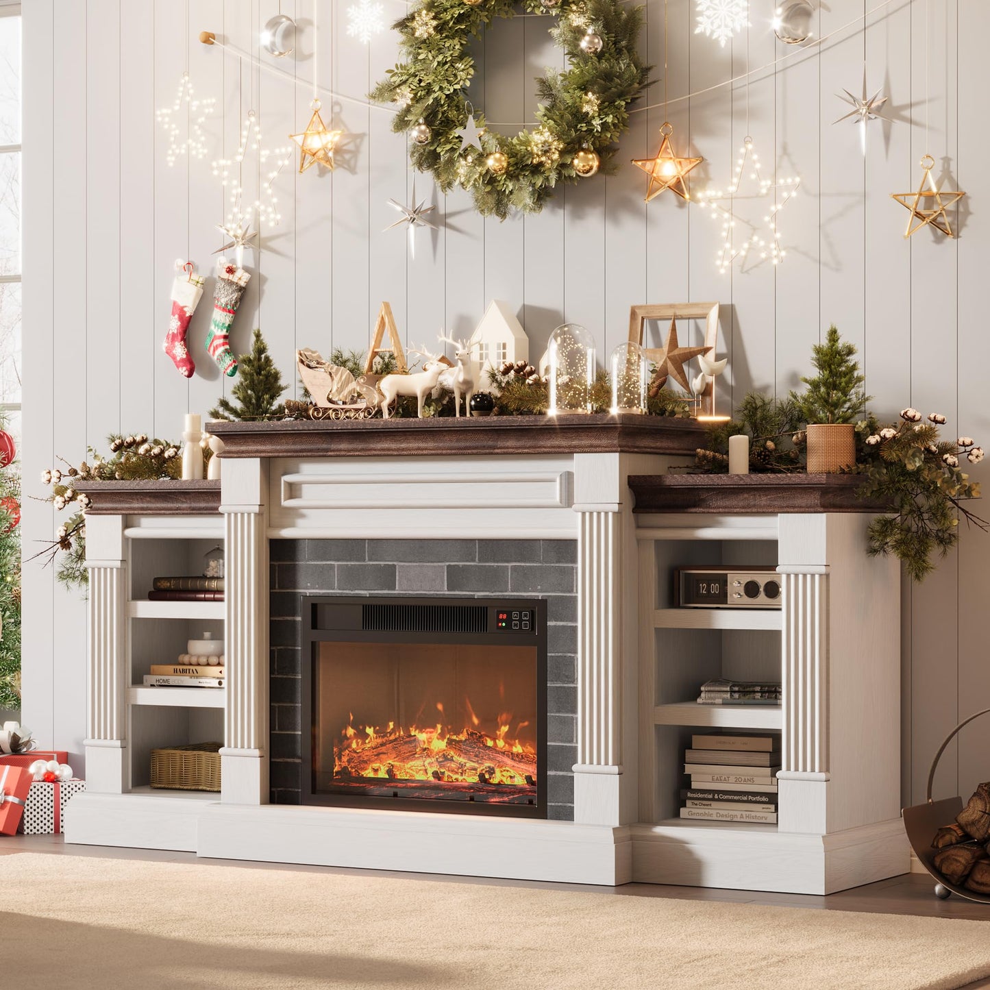 GarveeHome 71'' Fireplace TV Stand with 23'' Electric Fireplace, Mid Century TV Console, Entertainment Center with Storage for Living Room, Bedroom