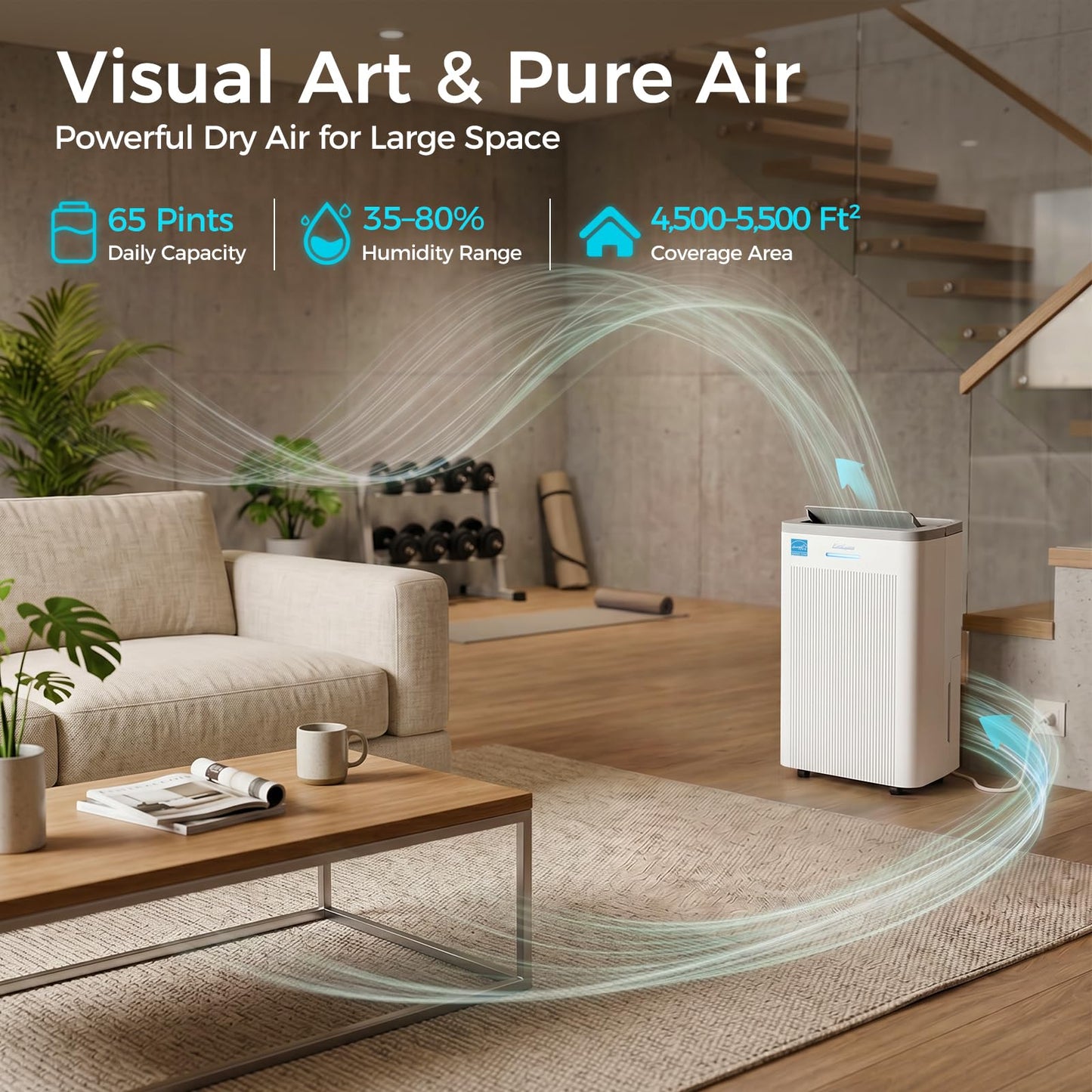AIRCYAN 4500 Sq.Ft Most Efficient Energy Star 2025 Dehumidifier for Basement, Max 65 Pint Smart Dehumidifier with WiFi Intelligent Humidity Control,Air Purifier HEPA Filter for Home,Garage,RV