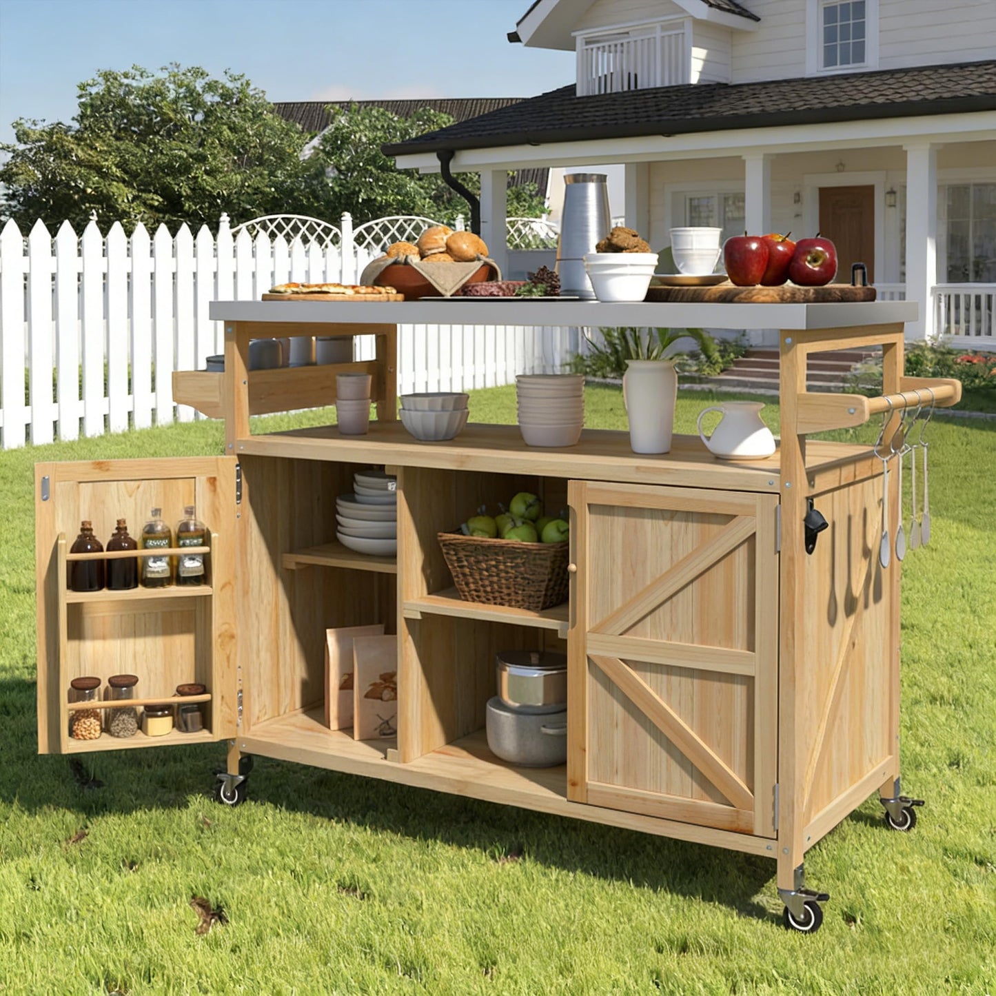 Bellemave Outdoor Kitchen Island with Stainless Steel Top, Rolling Bar Cart & Storage Cabinet, Outdoor Grill Cart with Spice & Towel Rack, Rolling Island Table for Kitchen & BBQ, Natural