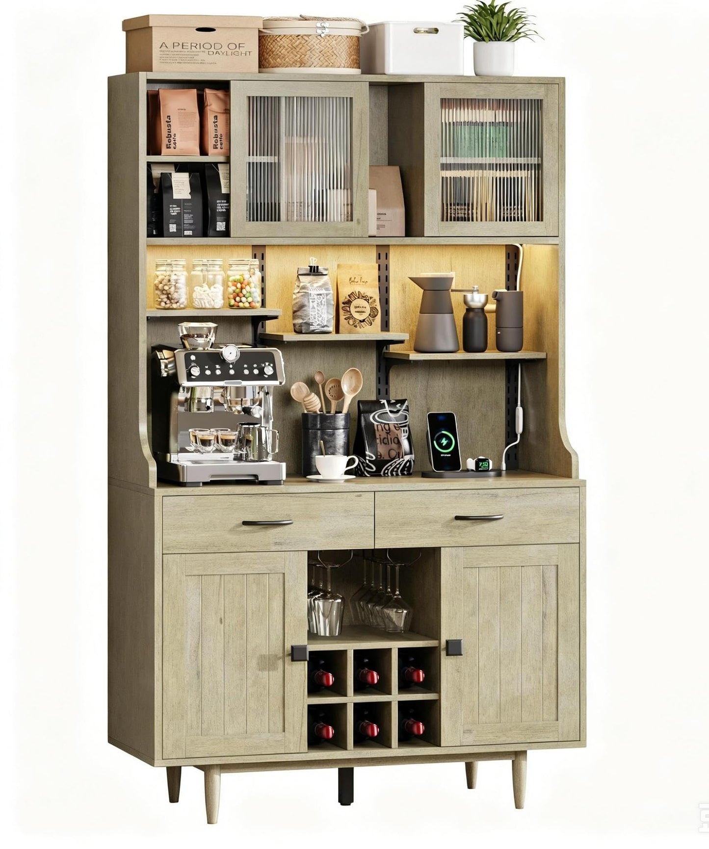 Einhomn 71" Kitchen Pantry Cabinet with UL Charging Station, 3 Adjustable Shelves, App-Dimmable LED Light, Wine Rack, Farmhouse Style, Buffet Cabinet for Kitchen/Dining/Living, Natural Wood
