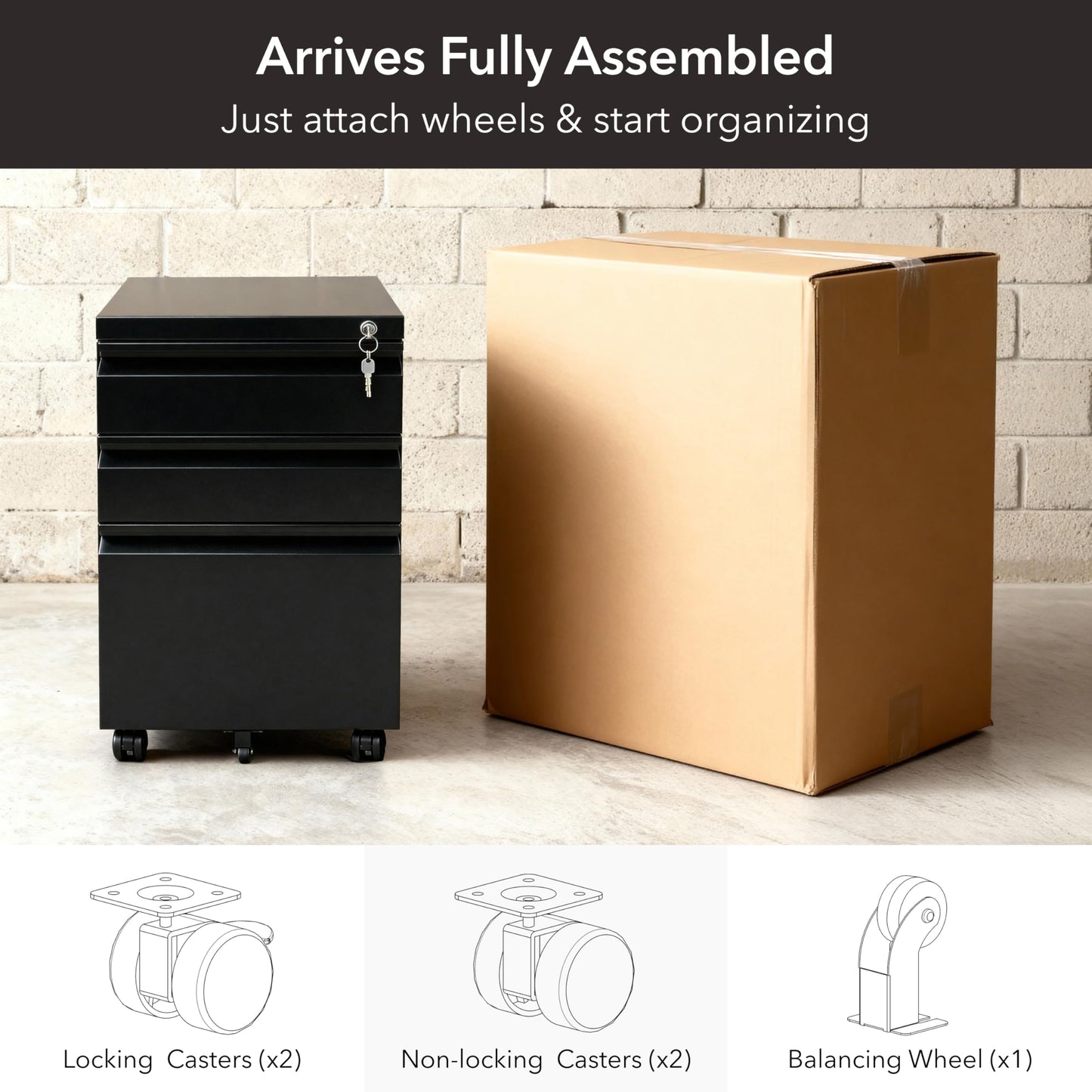 Mount-It! 3 Drawer File Cabinet with Lock and Wheels, Heavy-Duty Steel Rolling Drawer Cabinet, Fully Assembled Under Desk Filing Cabinet for Home Office Storage, 15.3" W x 19.75" D x 24.5" H, Black