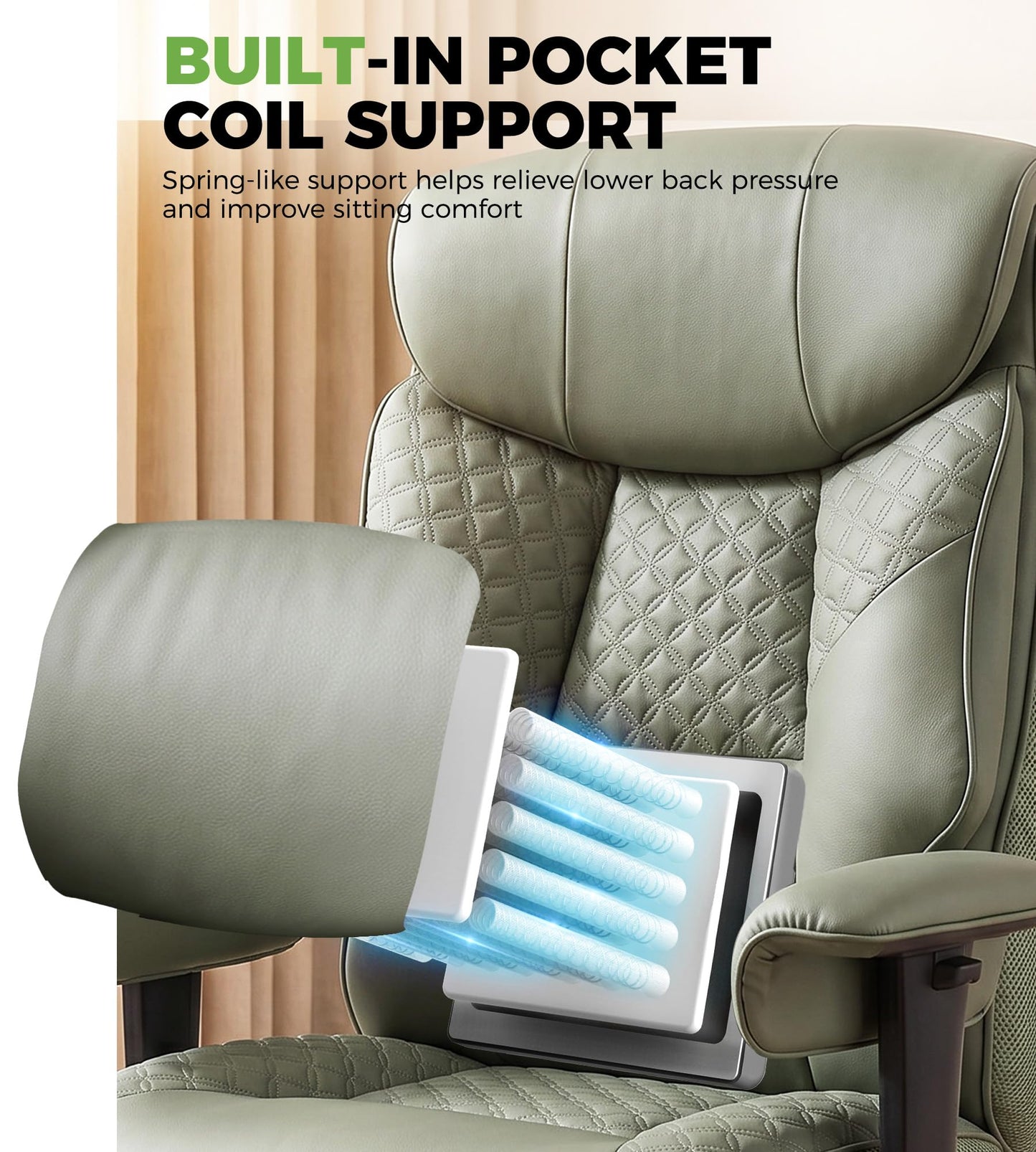 GTPLAYER Big and Tall Office Chair, High Back Computer Gaming Chair with Ergonomic Lumbar Support &Pocket Spring Cushion for Lower Back Pain Relief, Leather Executive Chair with Foot Rest, Green