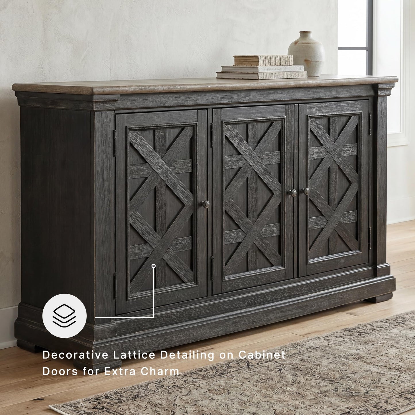 Signature Design by Ashley Tyler Creek Vintage Casual Dining Room Buffet Cabinet or Server with 3 Doors and Lattice Design, Wood, 36" High, Black & Gray