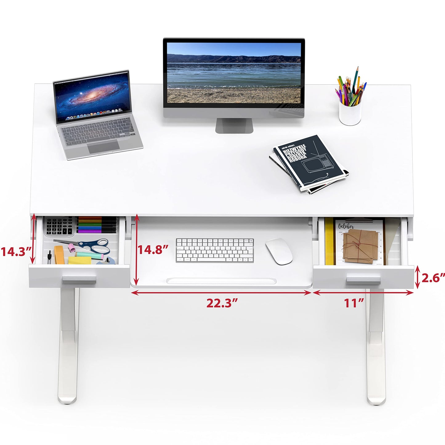 SHW 48-Inch Electric Height Adjustable Desk with Keyboard Tray and 2 Drawers, White