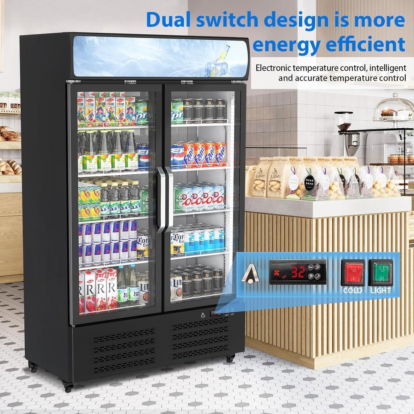 IDEALHOUSE Commercial Refrigerator, Commercial Merchandiser 26.8 Cu Ft Refrigerator, Refrigerator with 2 Glass Door and LED Light, Large Business Cooler for Home Restaurant Grocery Stores