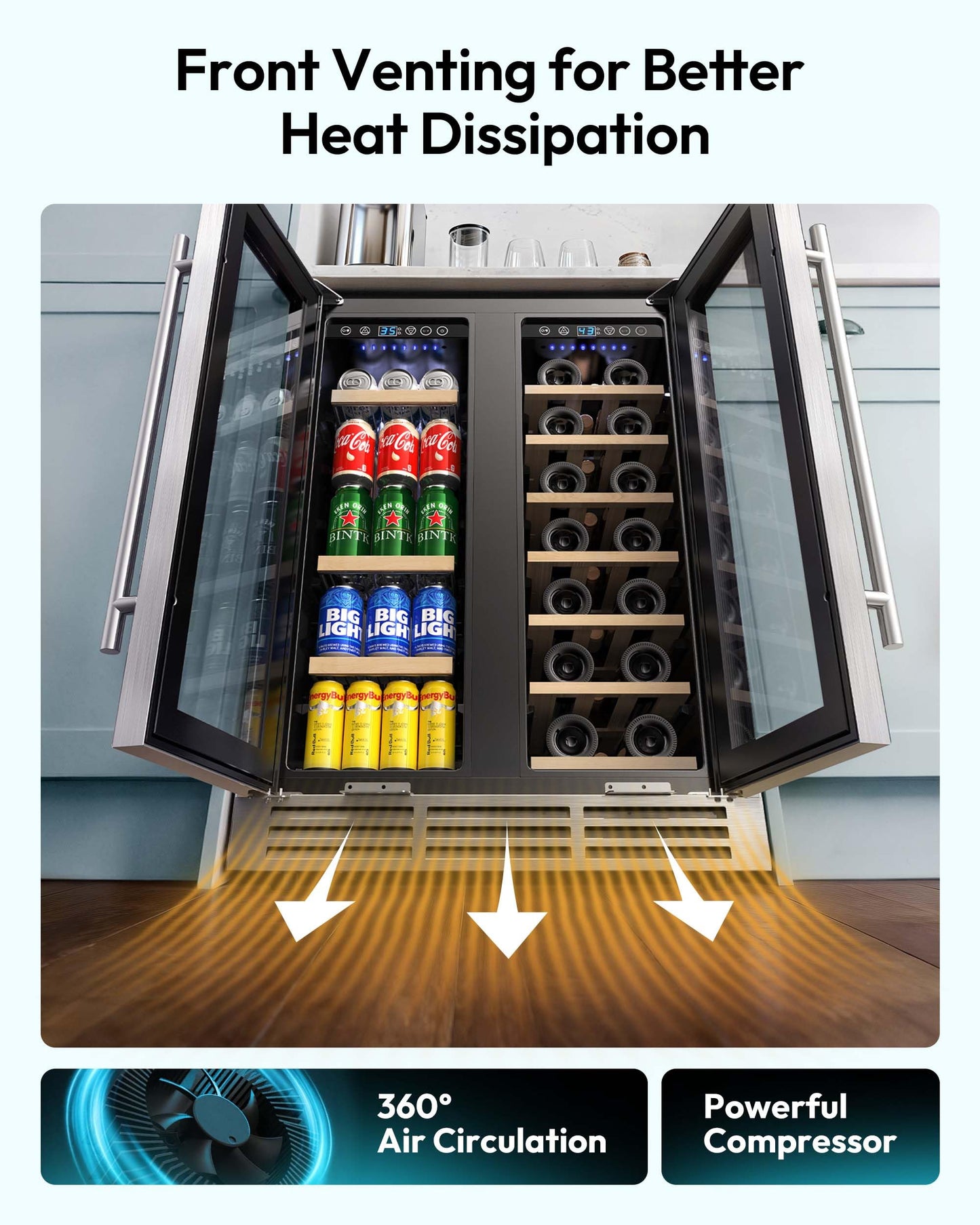EUHOMY Wine and Beverage Refrigerator, 24 Inch Dual Zone Wine Cooler with Glass Door Hold 21 Bottles and 88 Cans, Built in or Under Counter Wine Fridge with Blue LED Light