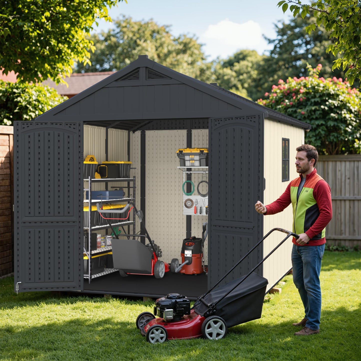 Greesum 8×8 FT Plastic Outdoor Storage Shed with Floor, Resin Sheds with Window and Lockable Door, Weather Resistant, Easy Assemble for Garden, Lawn, Backyard, Beige