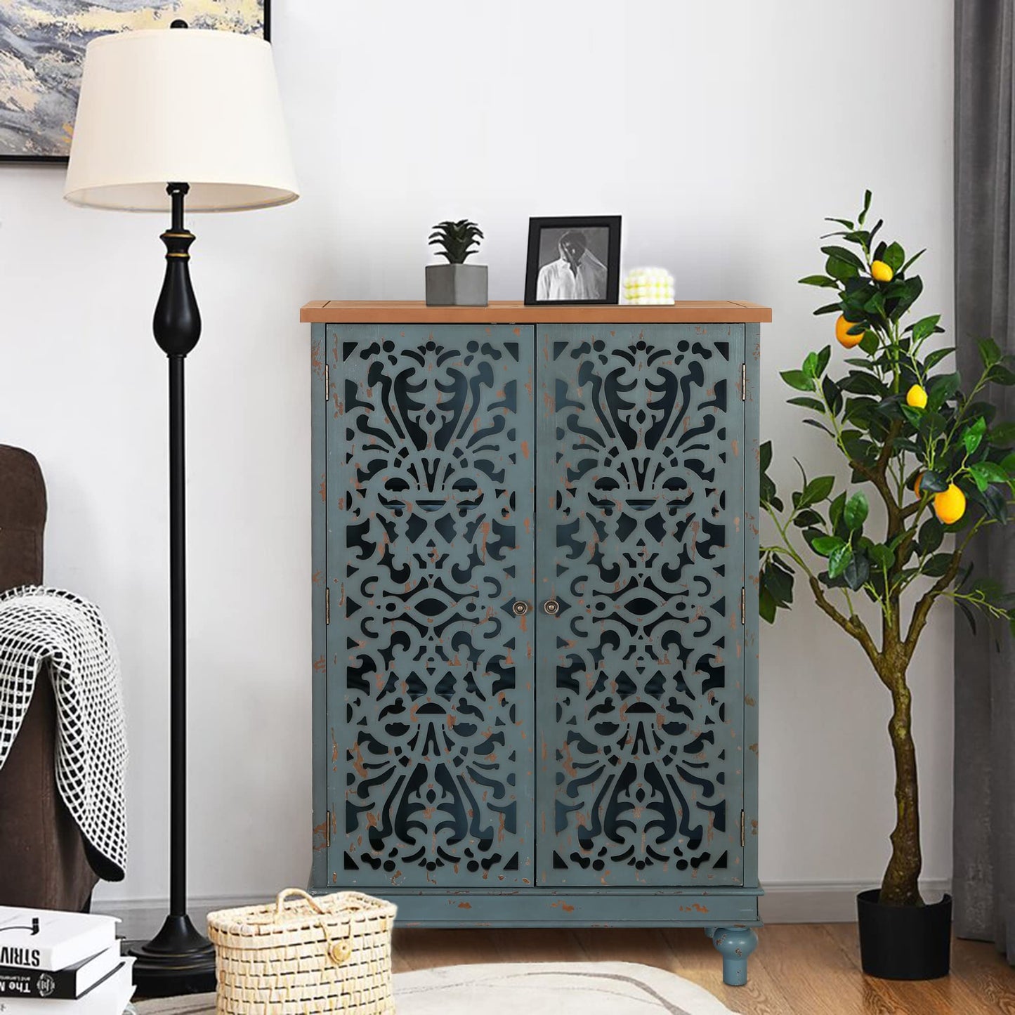 PHI VILLA Tall Accent Cabinet with Doors - Credenza for Living Room Farmhouse Storage Cabinet with Hollow Carved Door, 2 Door Accent Cabinets