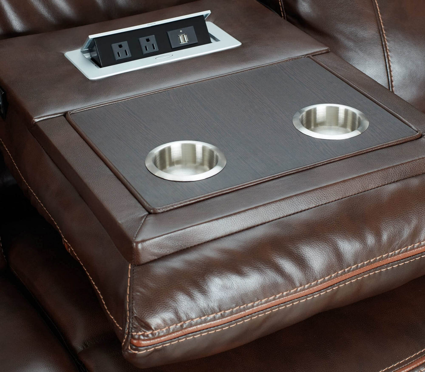 Sunset Trading Avant 86" Wide Dual Reclining Power Drop Down Console | USB, 2 Outlets, Cupholders | Brown Faux Leather Sofas, Deep Seating, (SU-AV8604041-305)