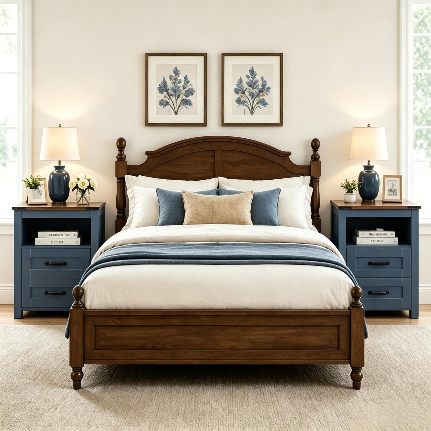 Stabrech Farmhouse Night Stand Set of 2, Rustic Blue Nightstand for Bedroom, End Tables Without Charging Station, Bedside Table with Drawers, Wood Bedside Cabinet Dresser