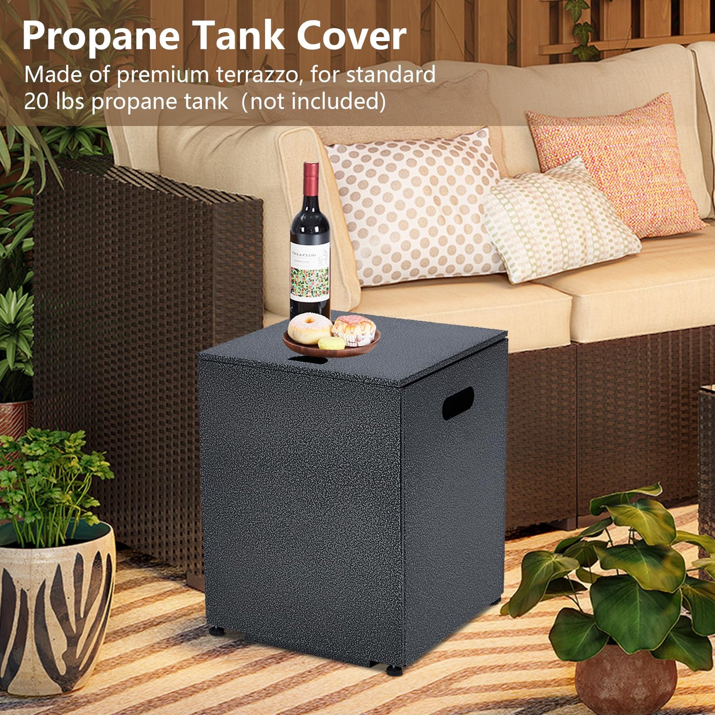 2-Piece Outdoor Propane Firepit Table Set w Tank Table, 36 inch Square Fire Table 50,000 BTU w 16 inches Tank Side Table, Wind Guard, Lava Rocks & Rain Cover for Garden, Pool, Porch, Backyard