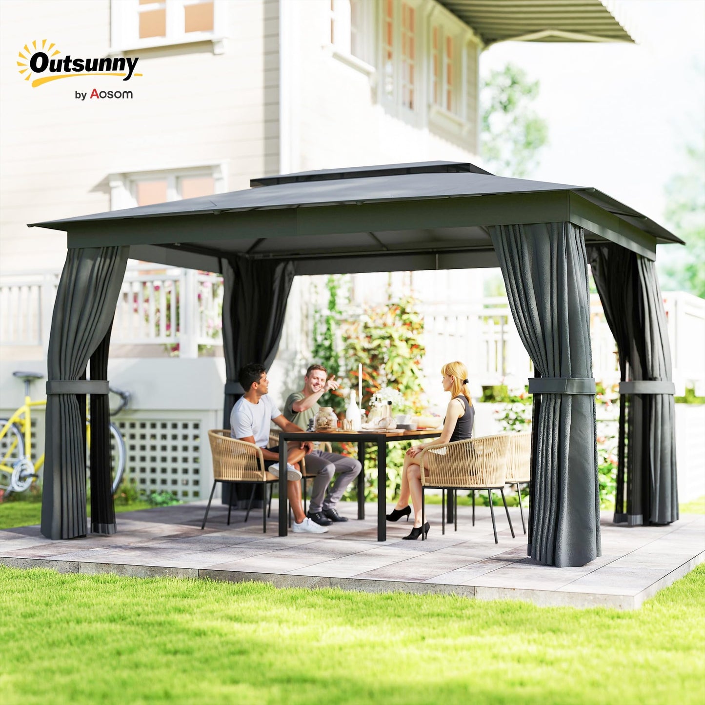 Outsunny 10' x 12' Outdoor Patio Gazebo, Heavy Duty Gazebo Canopy Shelter with Double Roof, Curtains, Netting, Steel Frame, UPF30+ Protection, Ceiling Hooks for Lawn, Backyard, Deck, Dark Gray