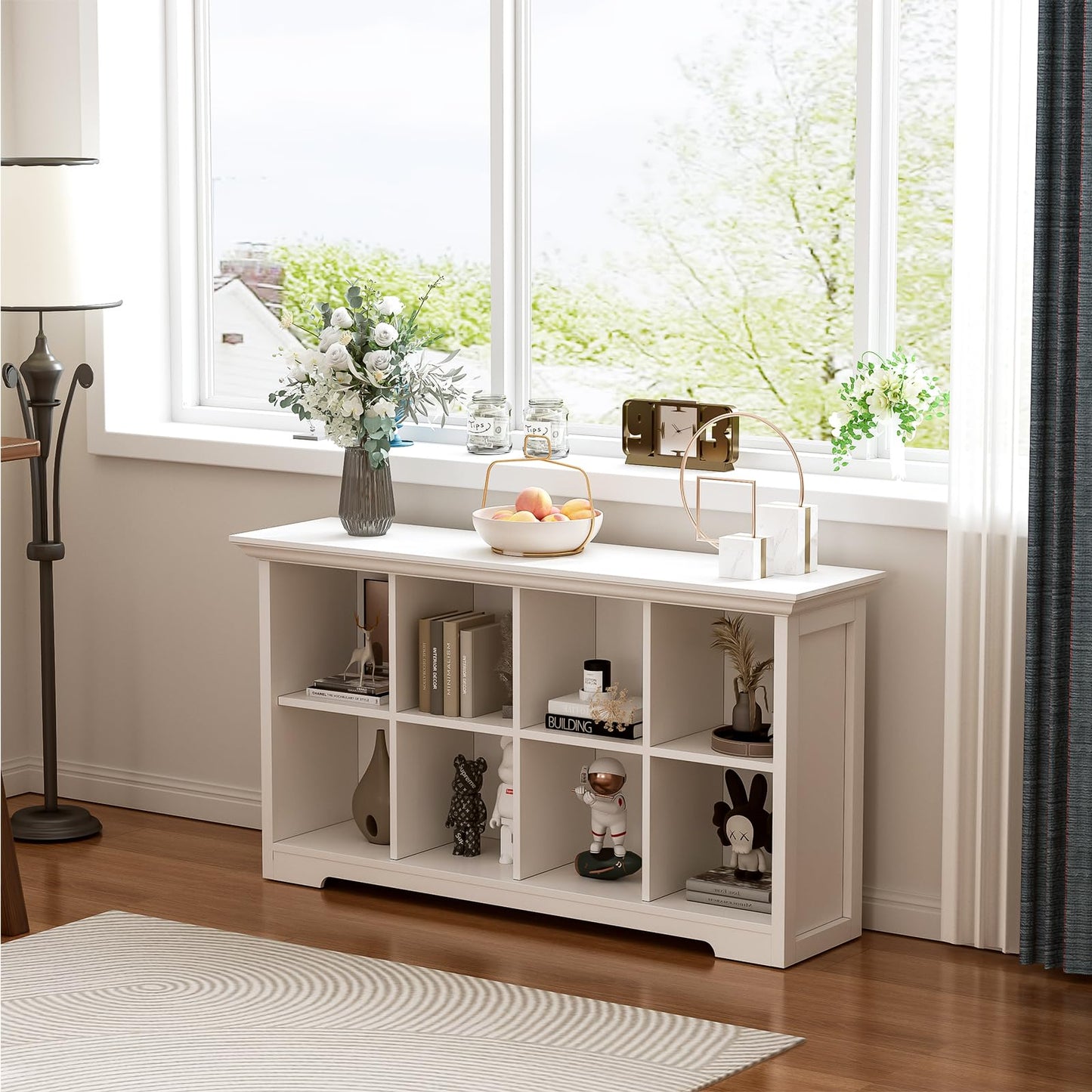OSCHF Cube Shelf Bookcase with Base - Wooden 2 Tiers Floor Standing Low Storage Cabinet for Home and Office, 8-Cube Lattice Bookshelf, Warm White