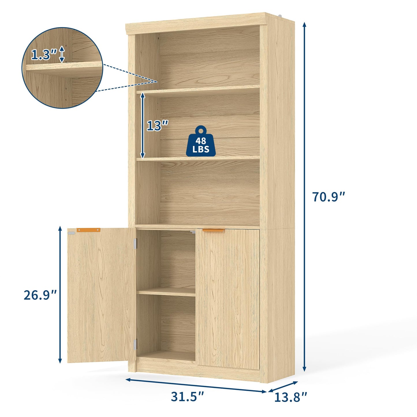 Garvee Tall Book Shelf and Bookcase, Wooden Bookcase with Doors, Modern Book Case with Large Storage Cabinet, 5-Shelf Bookcases with Adjustable top Shelve for Home Office, Living Room, 2 Set Oak