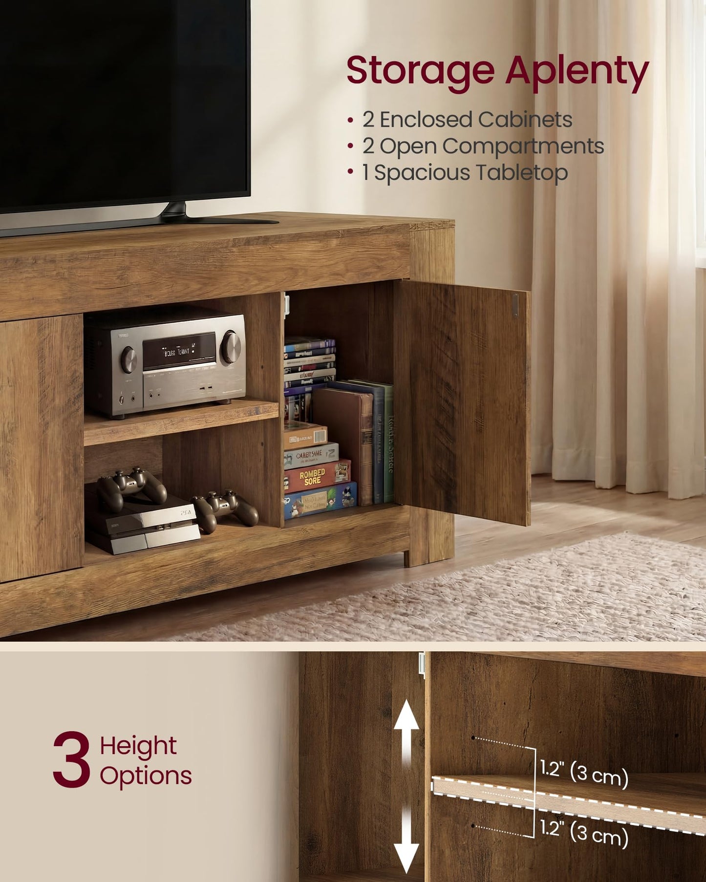 VASAGLE TV Stand, Farmhouse Entertainment Center with Storage Cabinets, Media Console Table for Living Room, Bedroom, for 65 Inch TV, 58 x 15.7 x 23.6 Inches, Honey Brown ULTV623K101S