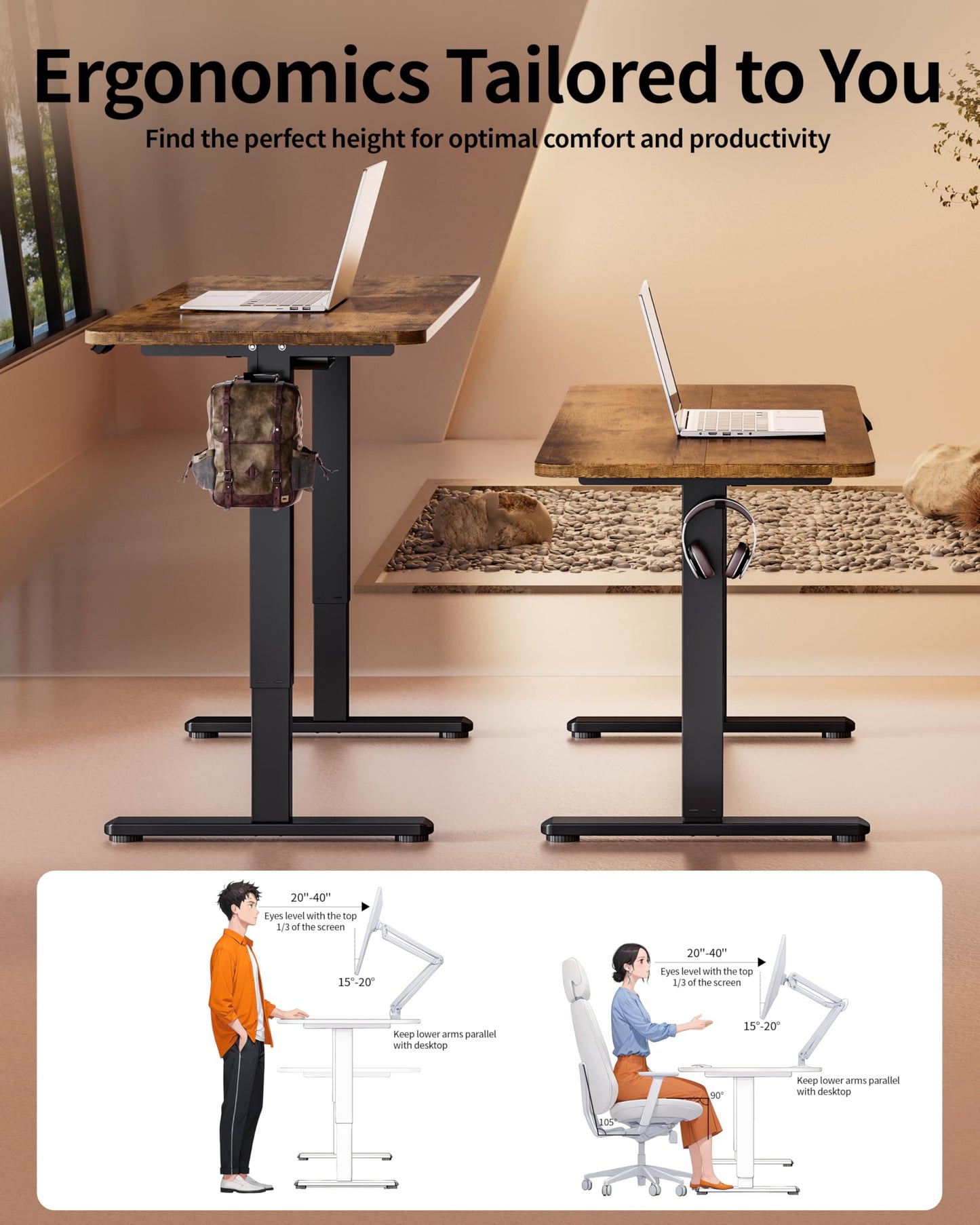 BIZUM Electric Standing Desk 60 x 24 Inch Computer Desk-Gaming Desk Rustic Brown Home Office Desks Height Adjustable Memory Stand Up Computer Workstation