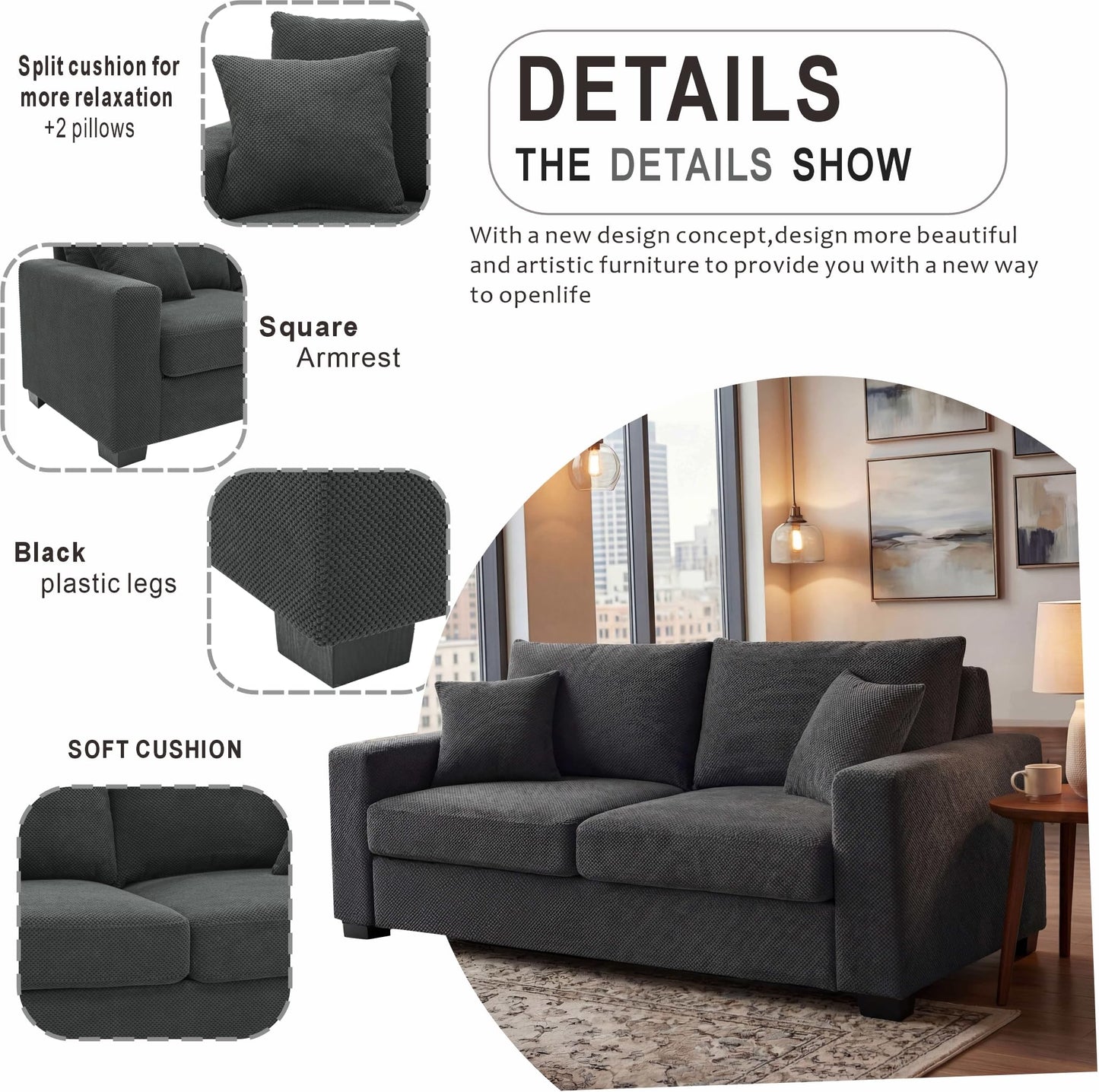 Ball & Cast 69" Loveseat Sofa, Modern Love Seat Couches for Living Room, Button Tufted Upholstered Small Couch with 2 Throw Pillows for Bedroom,Apartment,Office,Easy Assembly,Dark Grey