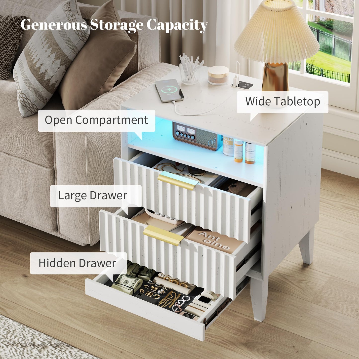 LVSOMT 20'W Fluted Nightstand Set of 2, Night Stand with Charging Station and LED Lights, RFID Lock Hidden Drawer, Mid Century Morden Bedside Table for Bedroom, 2 Drawers and Open Storage Cubby, White