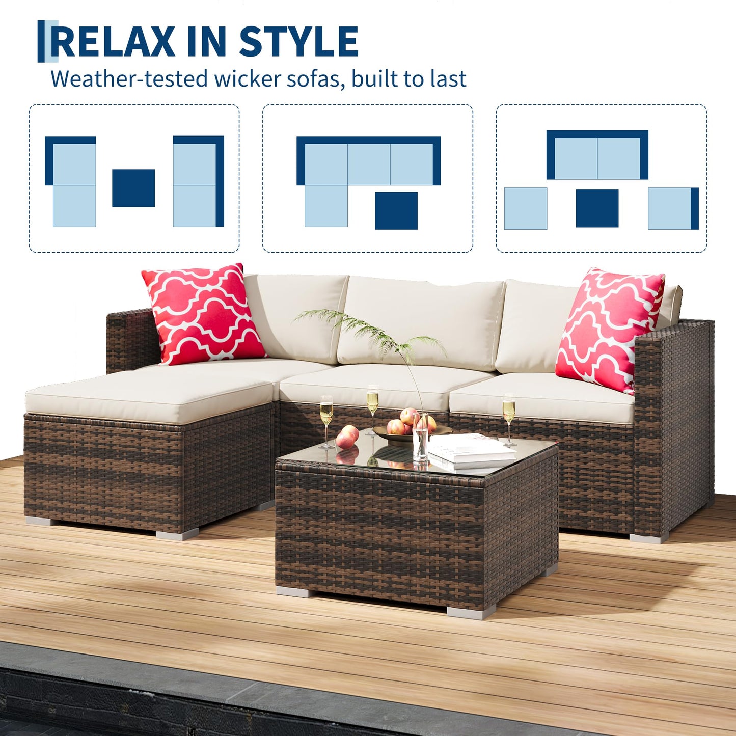 MilleLoom 5-Piece Outdoor Sectional Sofa Set, All-Weather PE Rattan Patio Furniture with Ottoman & Tempered Glass Table, Convertible Garden Couch for Backyard, Porch, Poolside (Brown/Beige)