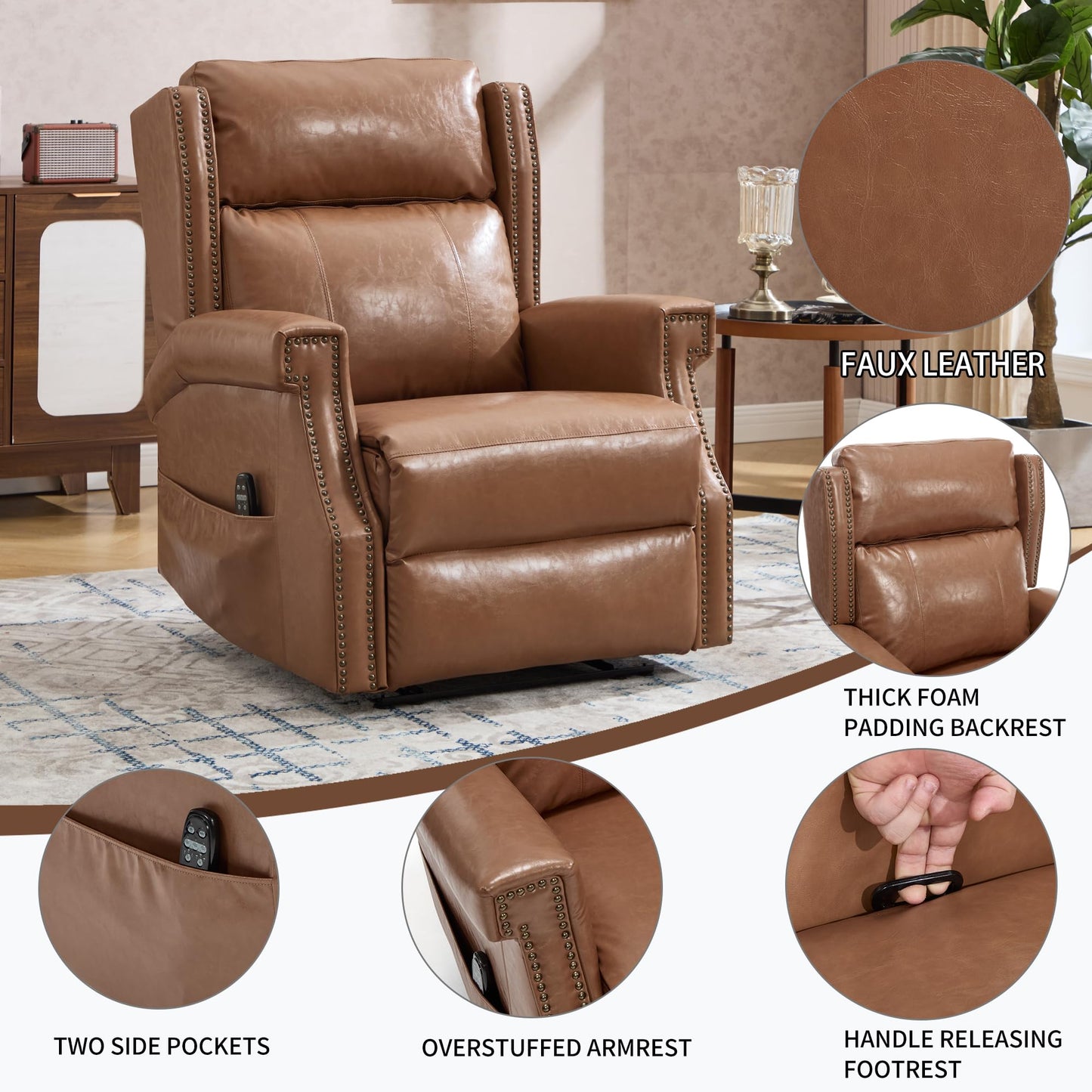 KEIKI Mid Century Modern Oversized Recliner Accent Chair for Adults, Manual Leather Recliner Chair with Back Massager and Heating for Living Room, Home Soft Rocking Lounge Reading Chair, Camel