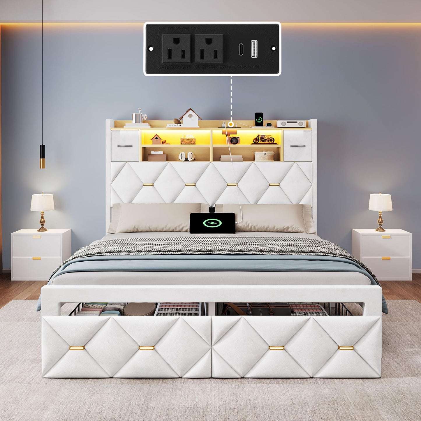 DWVO Full Size Bed Frame with 2 Storage Drawers and Storage Headboard, Upholstered Platform with Charging Station and LED Light, No Box Spring Needed, Noise Free, Easy Assembly, Velvet White