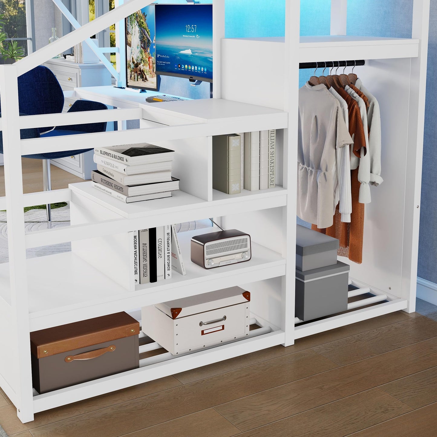 KEIKI Queen Size Metal Loft Bed Frame with Desk, Staircase, Built-in Storage Shelves and Wardrobe, Modern Loft Bed with Solid Slat, Guardrail, No Box Spring Required, Easy Assembly, for Bedroom, White