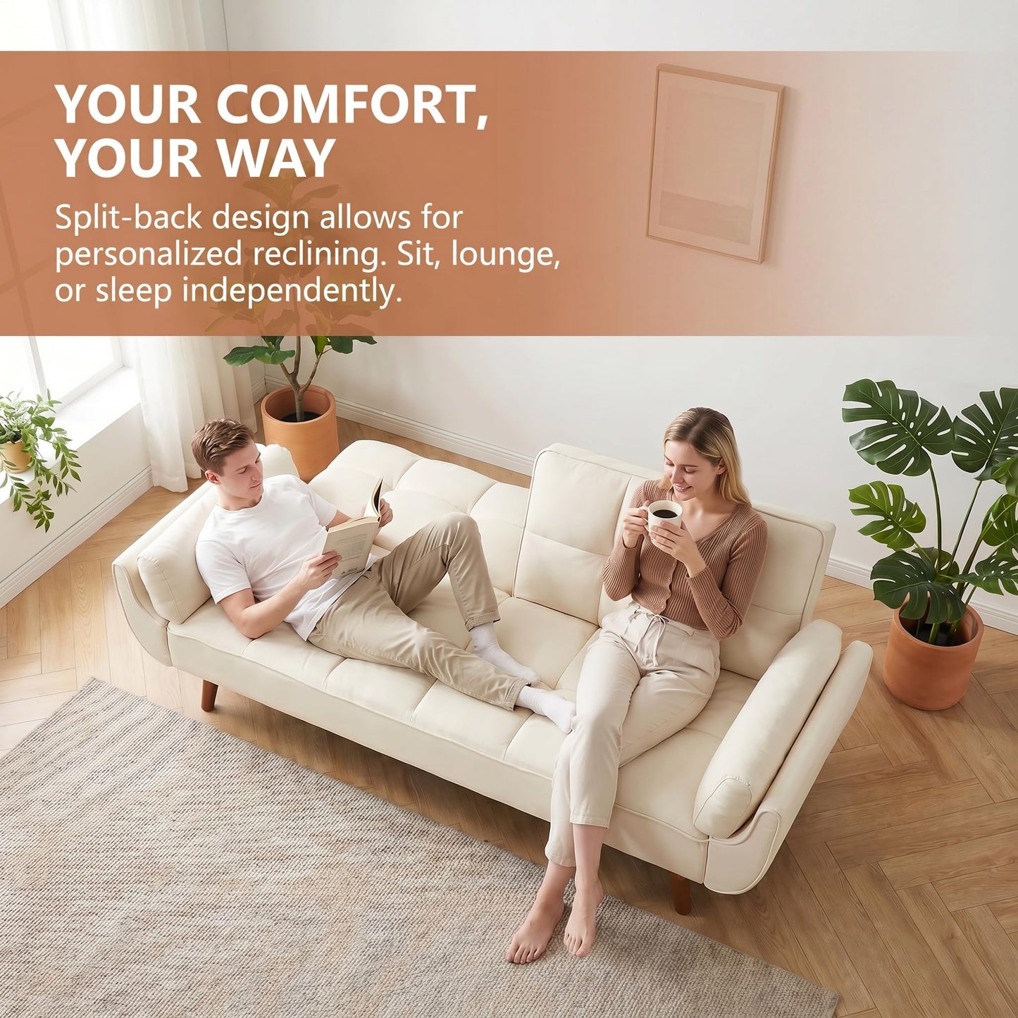 Trygoal Futon Sofa Bed, Velvet Futon Couch Bed with Adjustable Backrest, Convertible Sofa Beds with Pillow Top Arm, Small Couches for Small Spaces, Apartment, Bedroom, Living Room, White