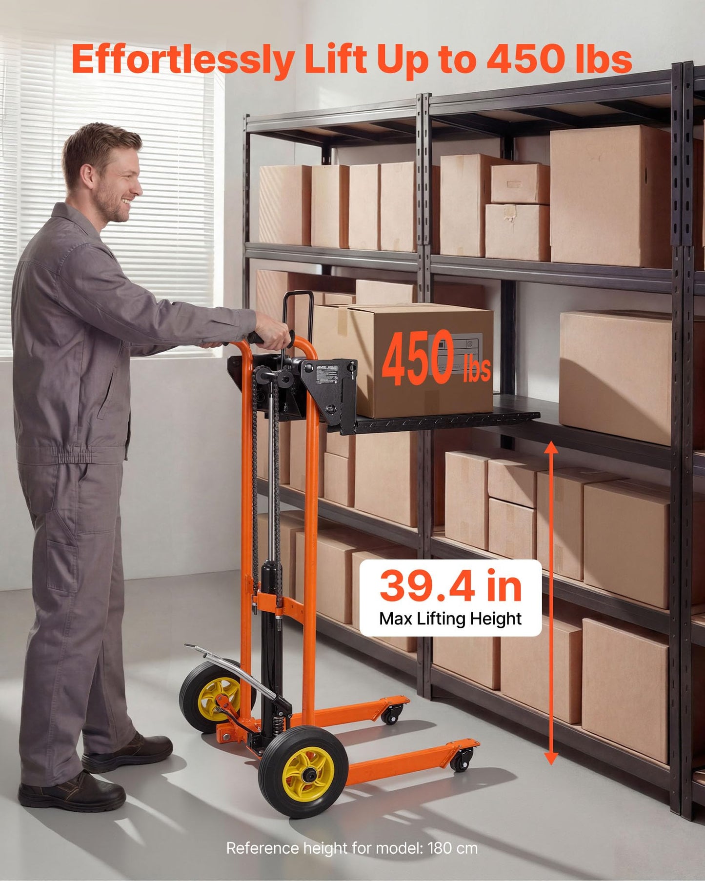 VEVOR Hydraulic Material Lift Winch Stacker, 450 lbs Load Capacity, 39.4'' Max Lifting Height, Pallet Truck Dolly with Fork Lift Table, Foldable & Portable Pallet Jack Table Cart, Orange & Black