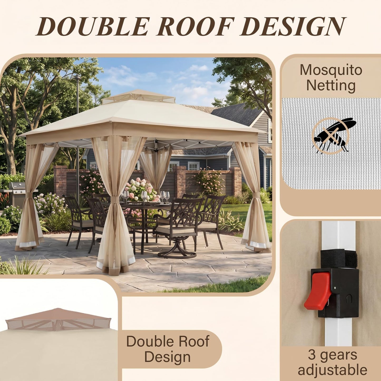 11x11 Pop Up Gazebo, Instant Waterproof Outdoor Canopy Tent with Removable Mesh Netting, UV Protection Portable Sun Shelter with Wheeled Cover Bag for Patio Backyard, Khaki