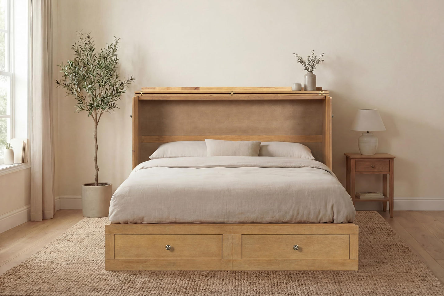 Mega Solutions Breeze Murphy Cabinet Chest Bed with Charging Station 6 Inch, Queen (Light Oak)