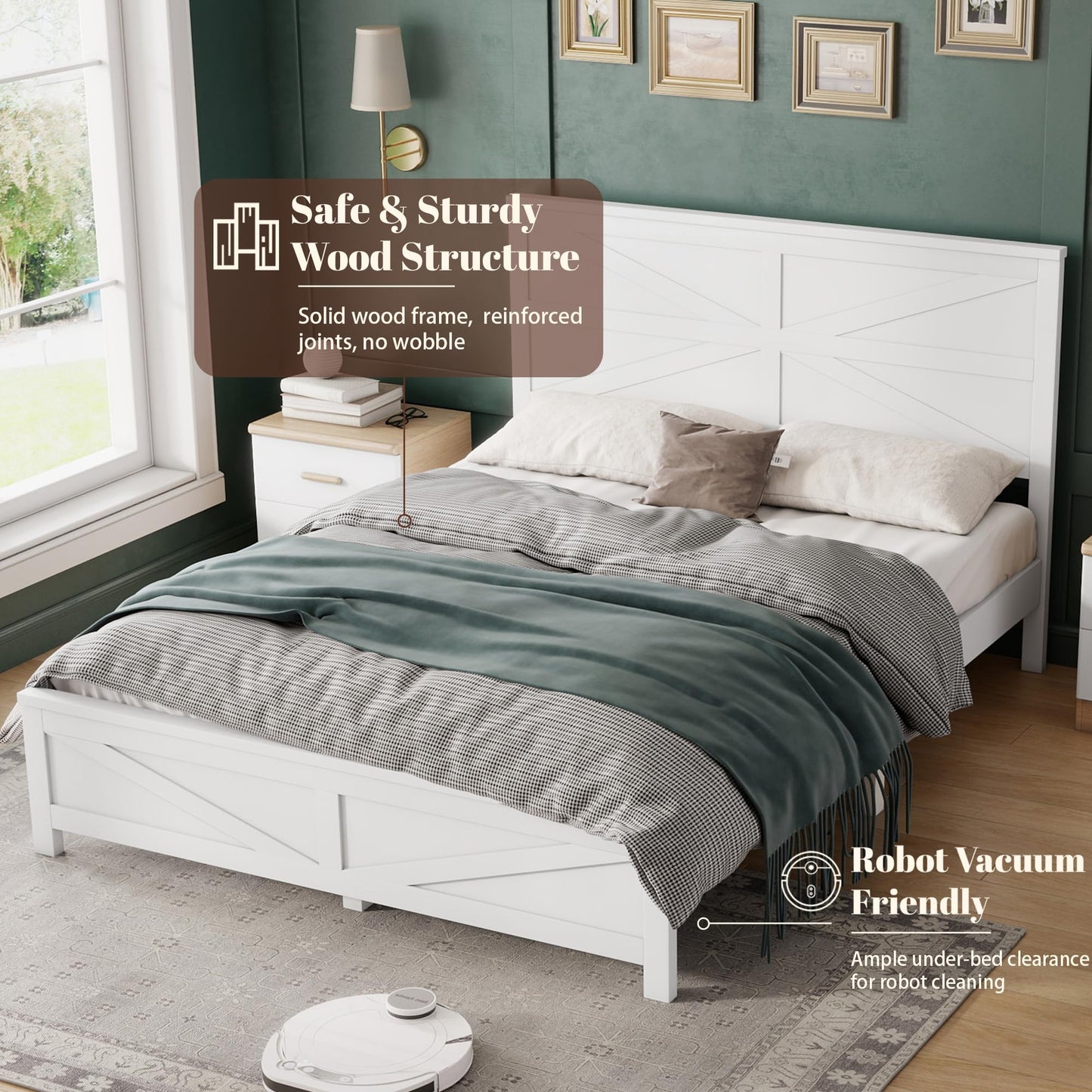 KEIKI Farmhouse Queen Size Platform Bed Frame with Headboard and Footboard, Pinewood Bed Platform with Slat Support, No Box Spring Needed Bedframe, Under-Bed Storage, Barn Door Designed