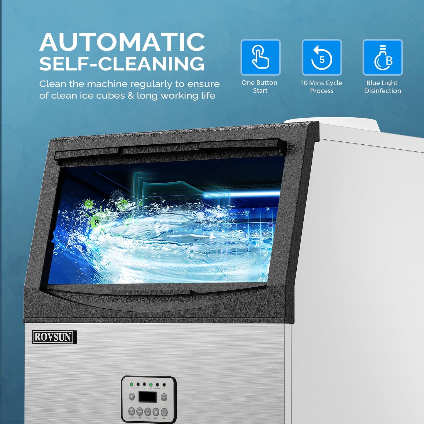 ROVSUN 110LBS/24H Commercial Ice Maker Machine with 50lbs Storage Bin, Freestanding/Countertop Ice Machine with 2 Water Inlets, Ice Scoop & Water Filter for Home Office Restaurant Bar Cafe Use