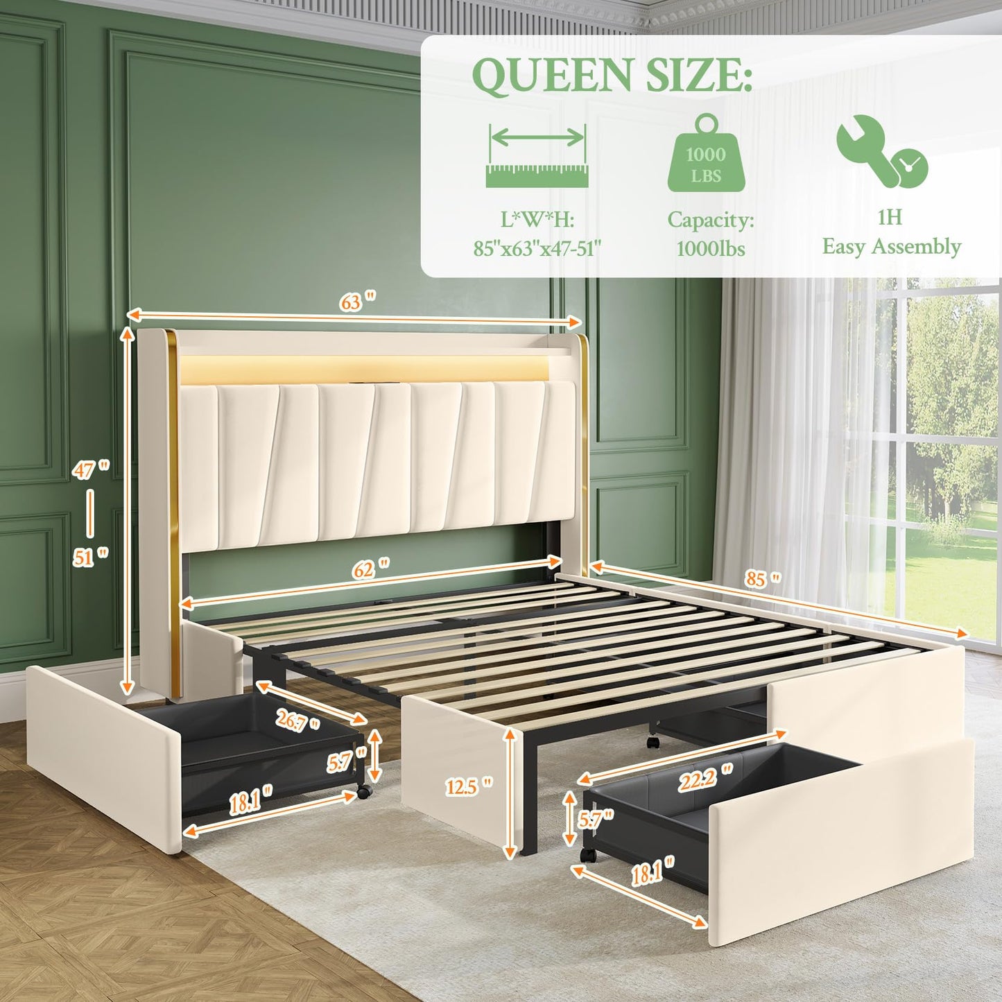 koorlian Queen Upholstered Bed Frame with 2-Tier Storage Headboard and 4 Dustproof Drawers, 51" Tall Platform Bed Frame with Adjustable Headboard, LED Lights, Charging Station, Easy Assembly, Beige