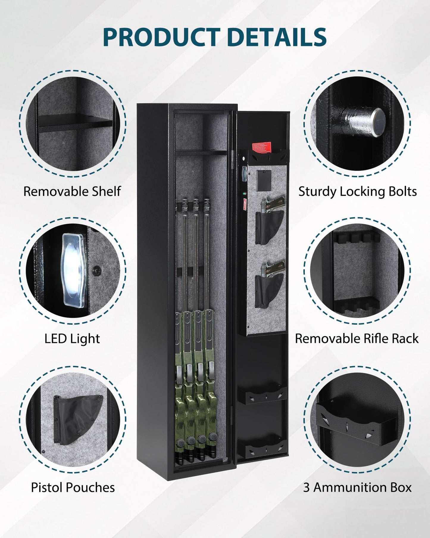 Garvee 5-6 Gun Safes for Rifles and Pistols, Quick Access Rifle Safe Gun Cabinet with Storage Cabinet, Removable Shelf, Pistol Lock Box, and Keypad, for Home Office