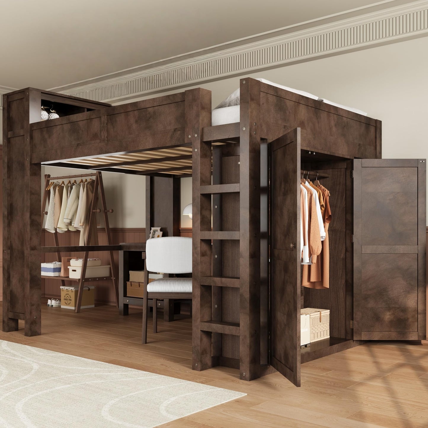 Merax Queen Loft Bed Frame with Desk and Wardrobe, Headboard with Storage & Charging Station, Wood Loft Bunk Bed with Solid Slats & Guardrail, No Box Spring Needed, Space-Saving, Noise Free, Brown