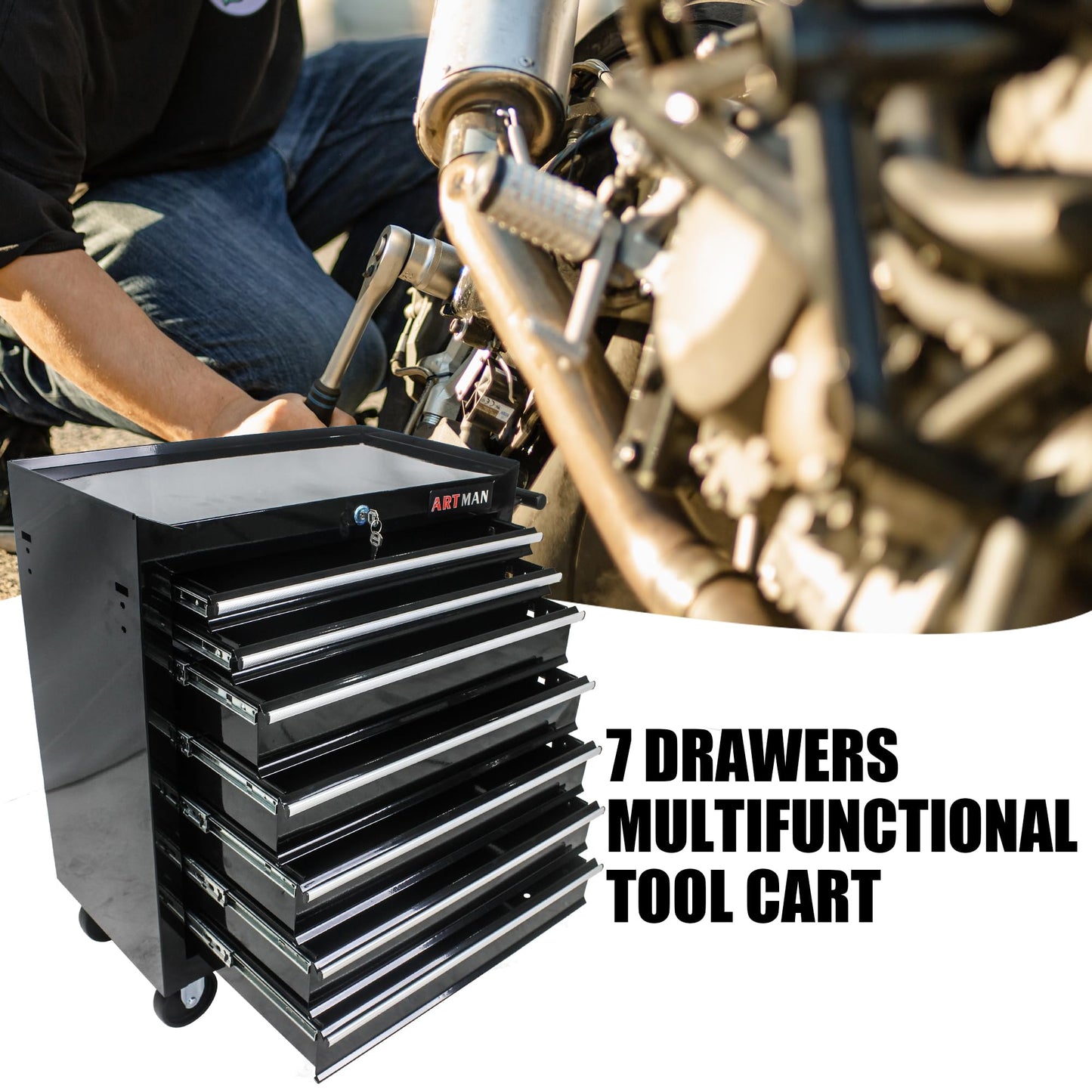 EliteZ 7-Drawer Rolling Tool Box, Tool Chest with Wheels and Locking System,High Capacity Tool Storage Cabinet Organizer (Black)