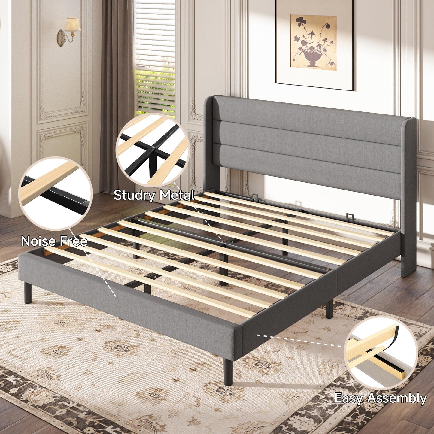 Mxhtcewz Full Size Upholstered Platform Bed Frame, Modern Linen Fabric Bed with Wingback Headboard, Sturdy No Wobble, Noise-Free & Easy Assembly, No Box Spring Needed, Gray