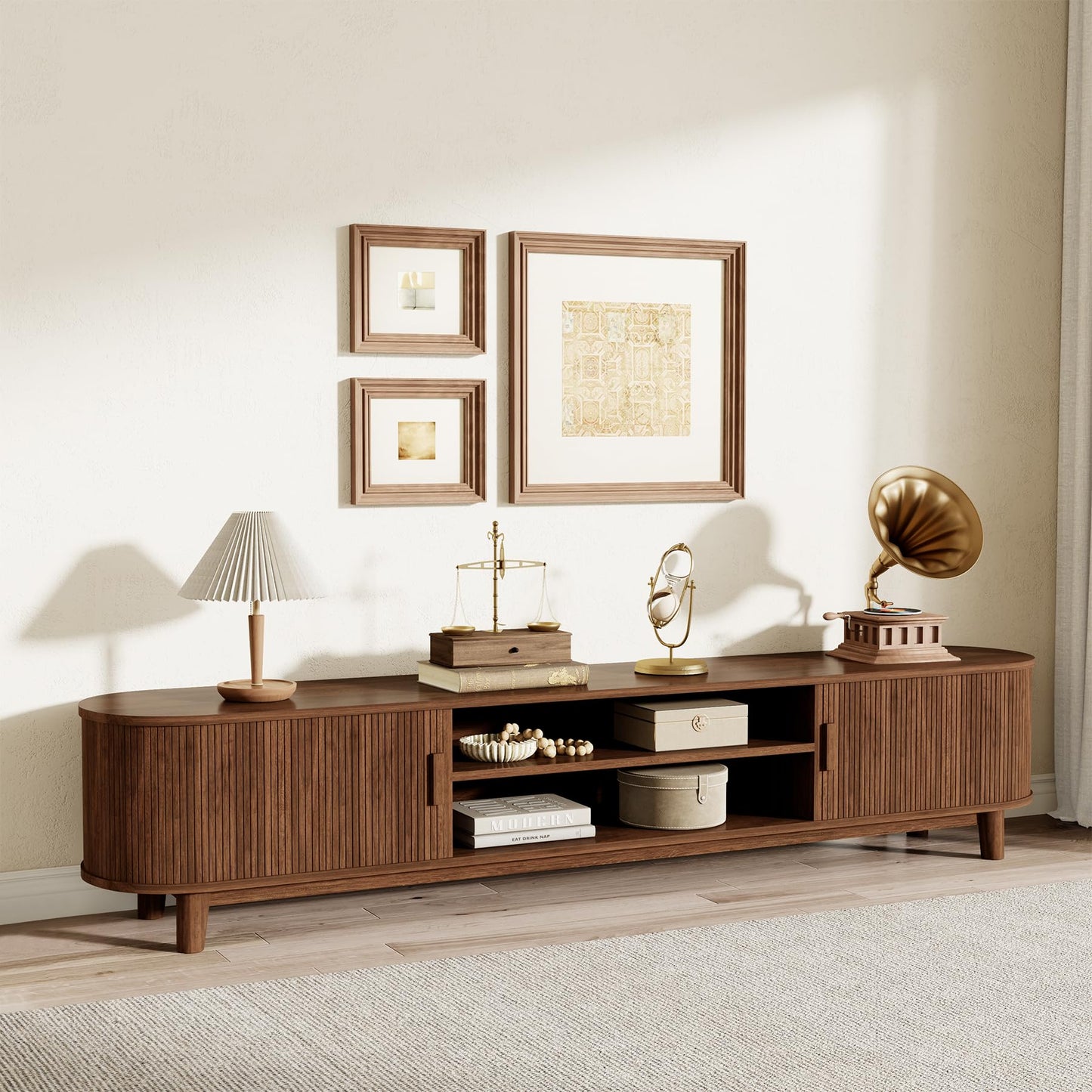 78.75" Curved TV Stand with Storage Cabinets & Open Shelves, Farmhouse Entertainment Center with Sliding Doors, Wood Media Console for Living Room Hallway, Walnut