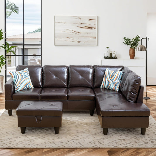 Trygoal 97" Leather L Shaped Couch with Right Chaise & Cup Holder, Sectional Sofas Modular Furniture Set with Storage Ottoman, Convertible Couches for Living Room, Small Space & Office (Brown)