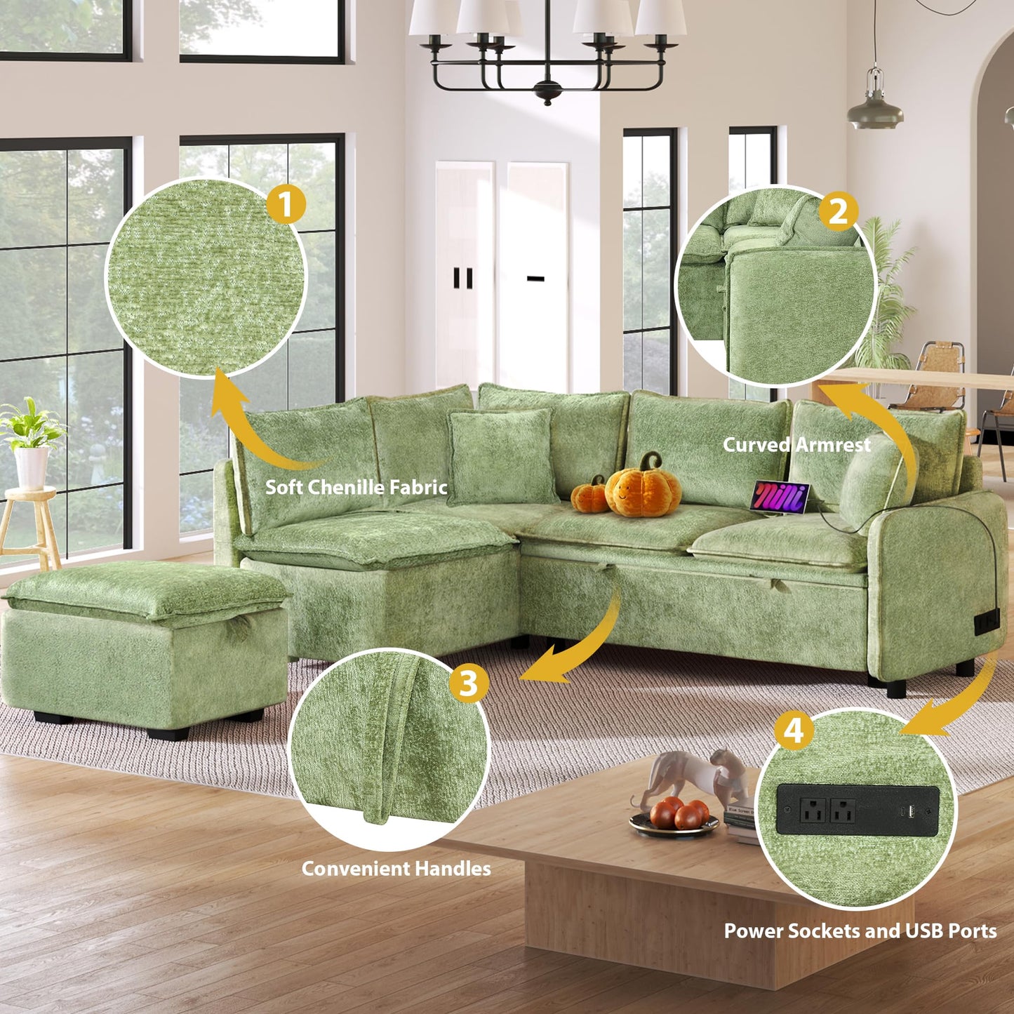 ERYE 82.5-Inch Left Facing Corner Sleeper Sectional Sofa Bed for Living Room Office,L-Shaped Chenille Upholstered Convertible Pull Out Sleeper Couch Bed W/Storage Ottoman