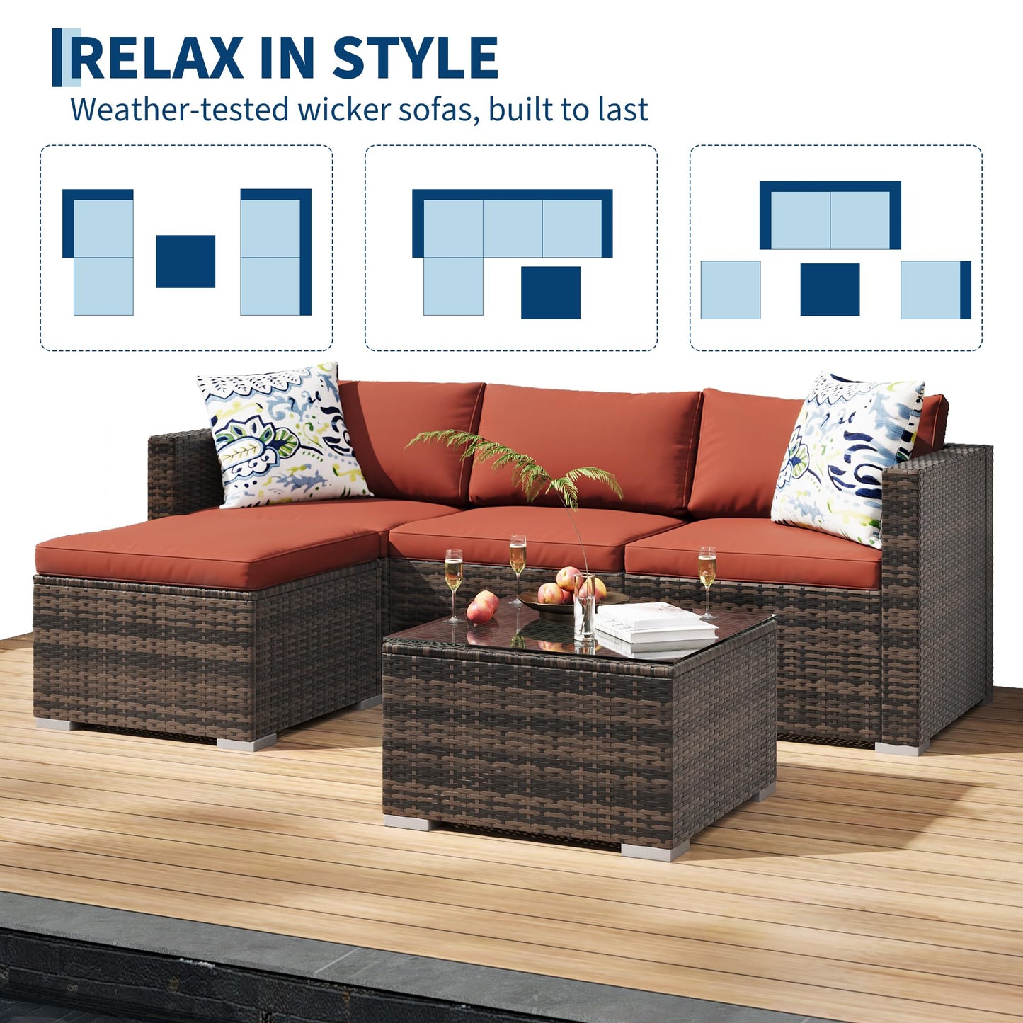 PeakPursuit Outdoor Patio Furniture Set, 5 Pieces Rattan Patio Conversation Sets with Glass Coffee Table and Cushion,All Weather Outdoor Patio Sofa for Garden, Poolside, Backyard,Orange
