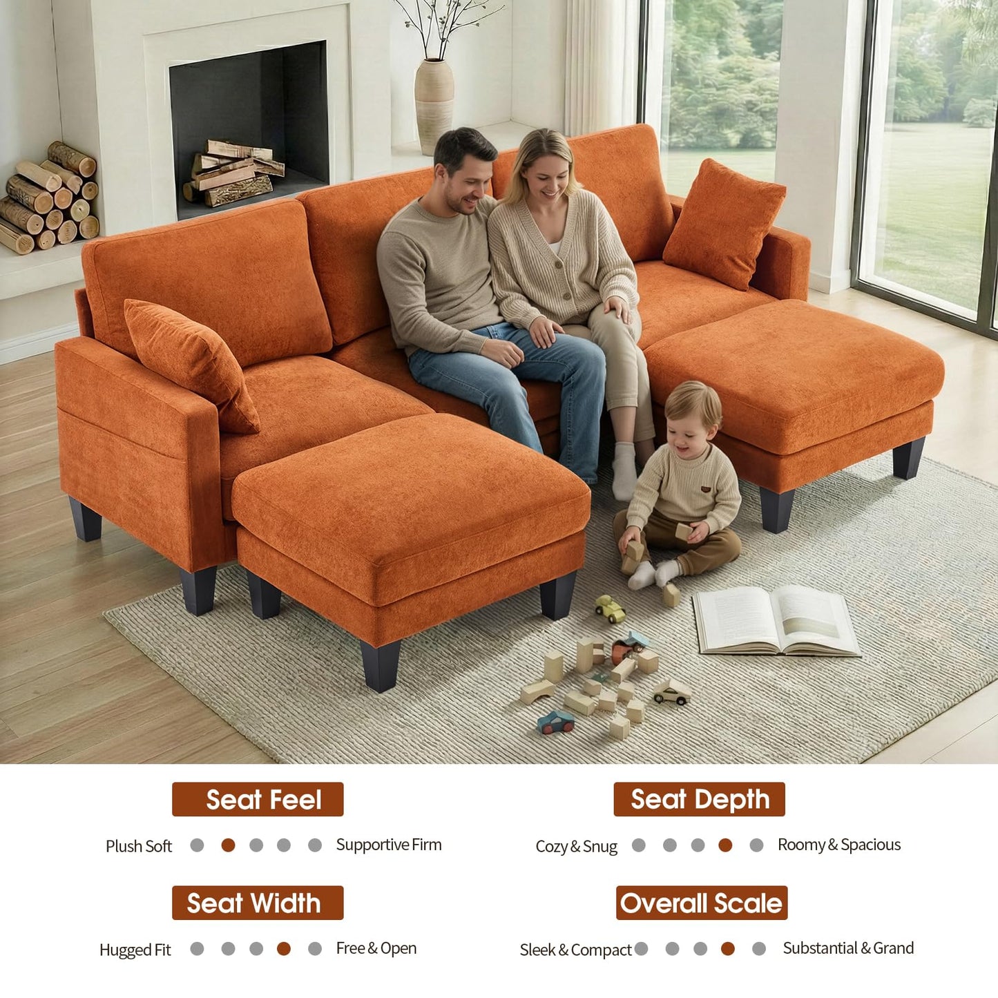 VINGLI 100" W U Shaped Couch with Ottoman, 22" Deep Seat Comfortable Sectional Couches for Living Room, 3 Seater Chenille Fabric Cloud Sofa for Apartment, Small Spaces, Bedroom, Orange