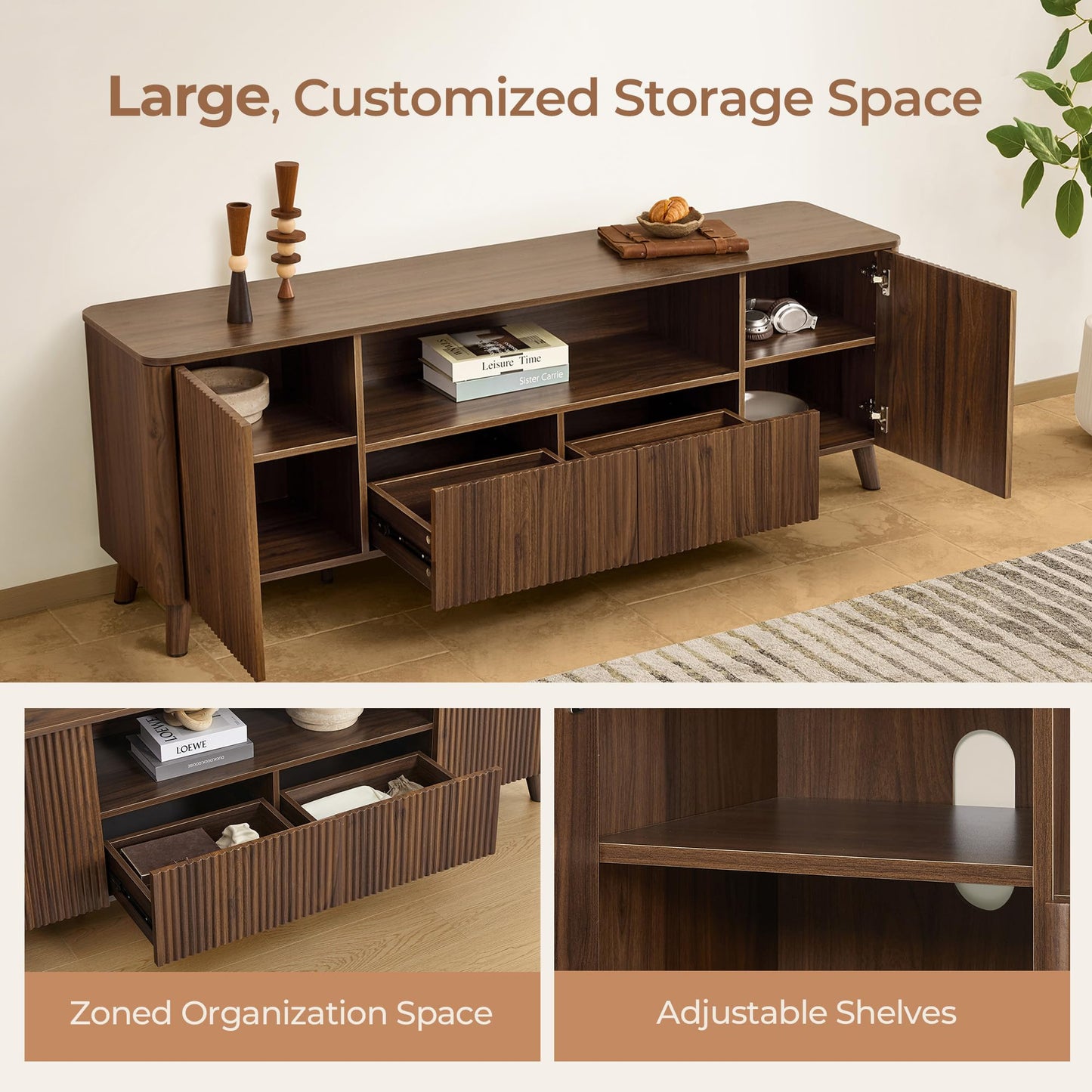 CHITA TV Stands for Living Room, Mid Century Modern TV Stand for 80 inch TV with Storage, Drawers, Adjustable Shelves, Walnut